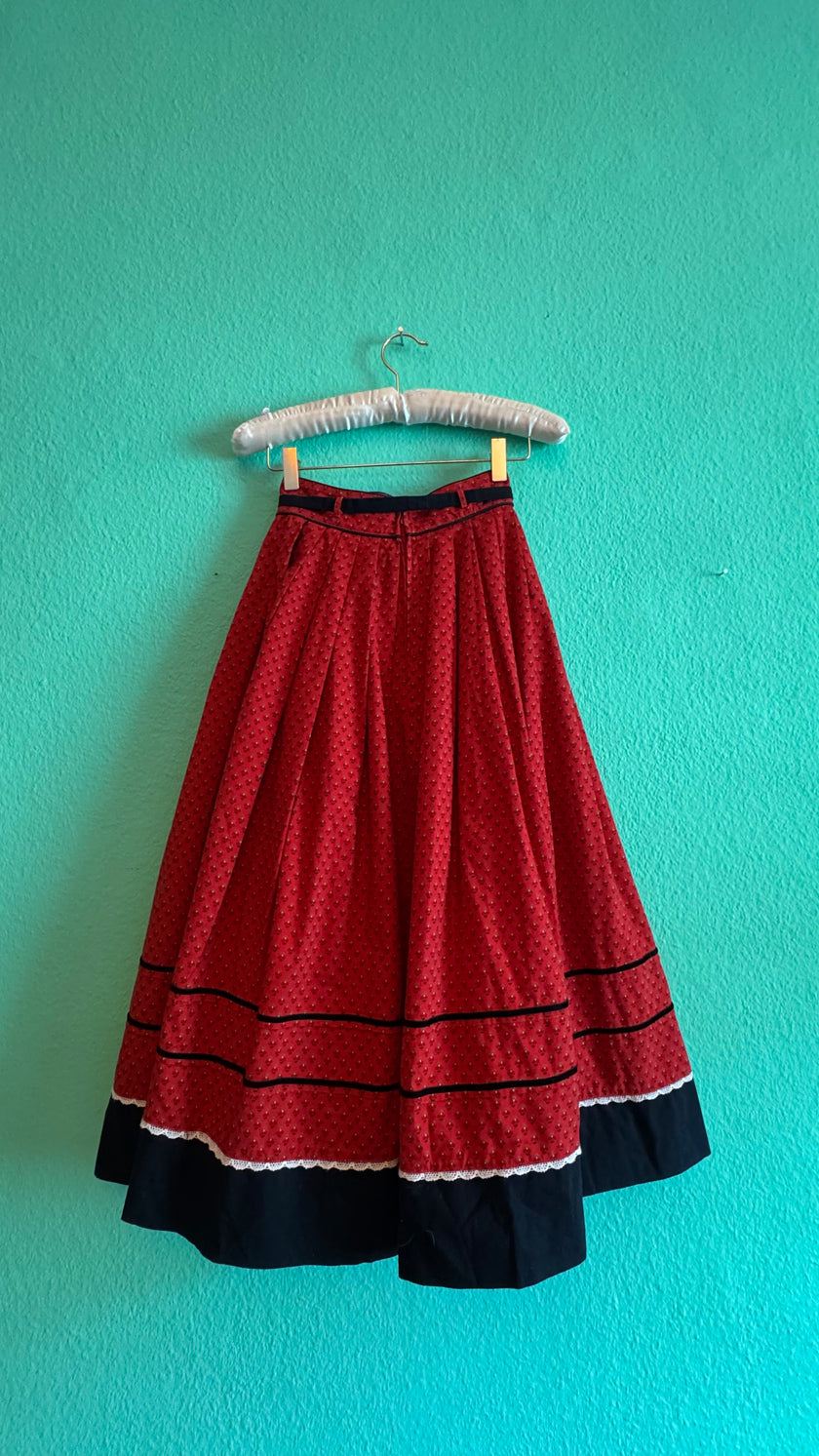 Vintage 1970s Red and Black Tracht Midi Skirt