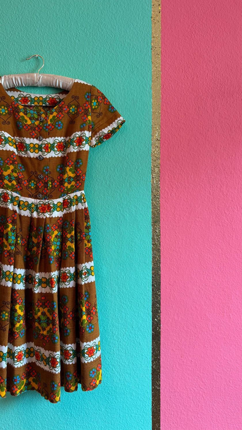 Vintage 1960s Brown Floral Tracht Midi Dress