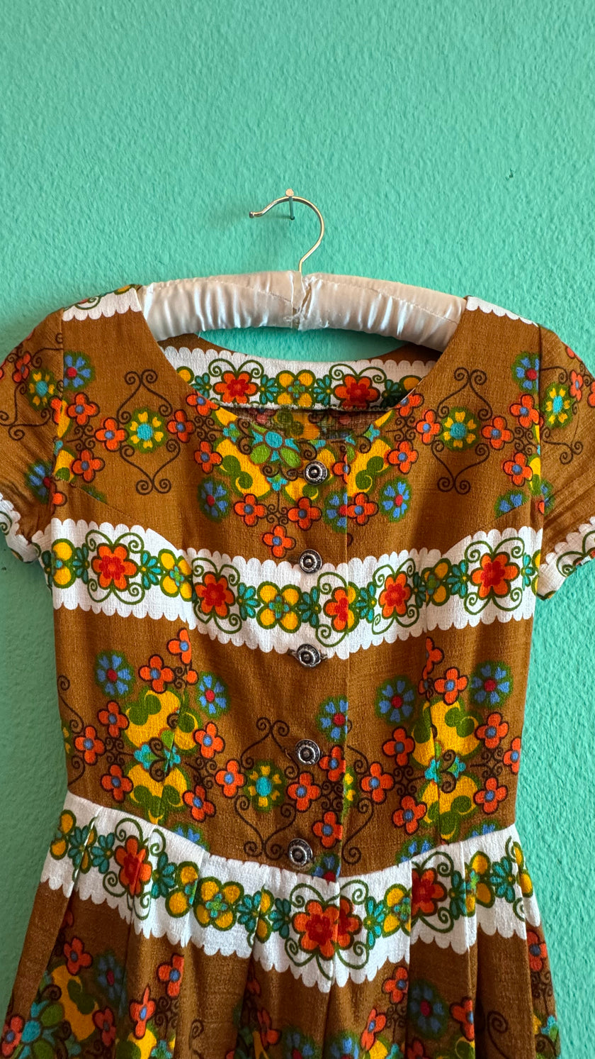 Vintage 1960s Brown Floral Tracht Midi Dress