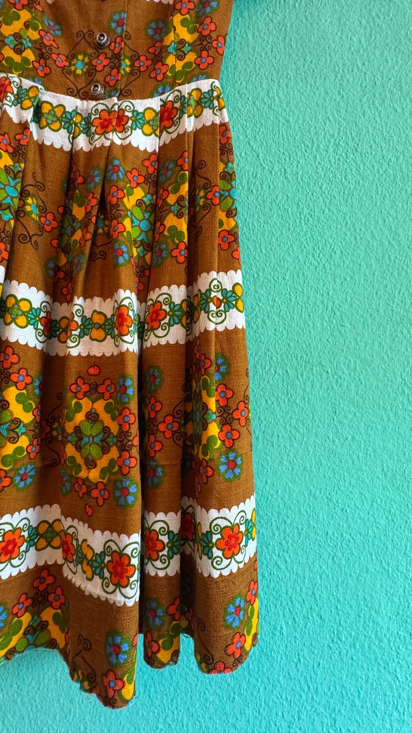 Vintage 1960s Brown Floral Tracht Midi Dress