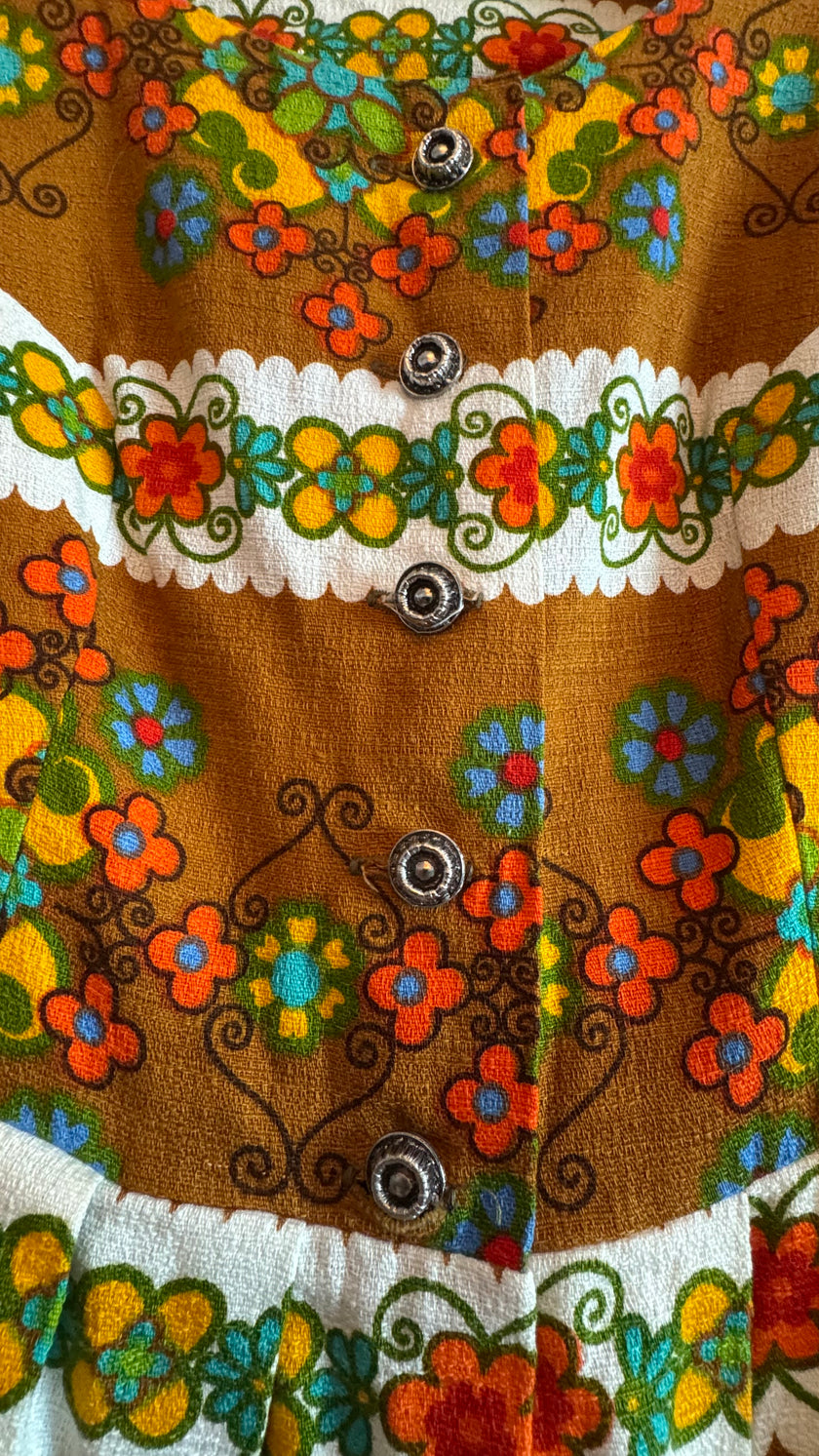Vintage 1960s Brown Floral Tracht Midi Dress