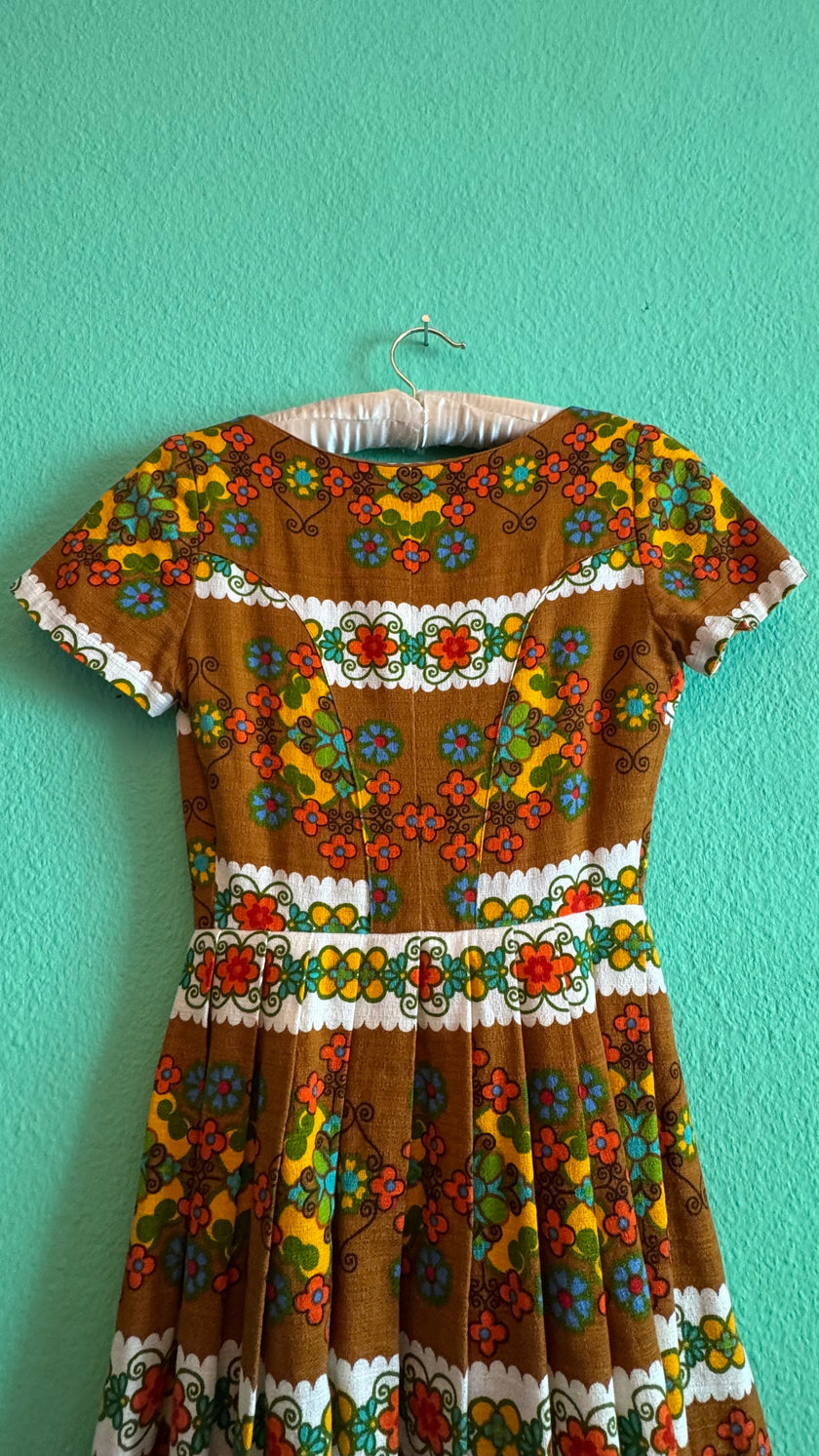 Vintage 1960s Brown Floral Tracht Midi Dress