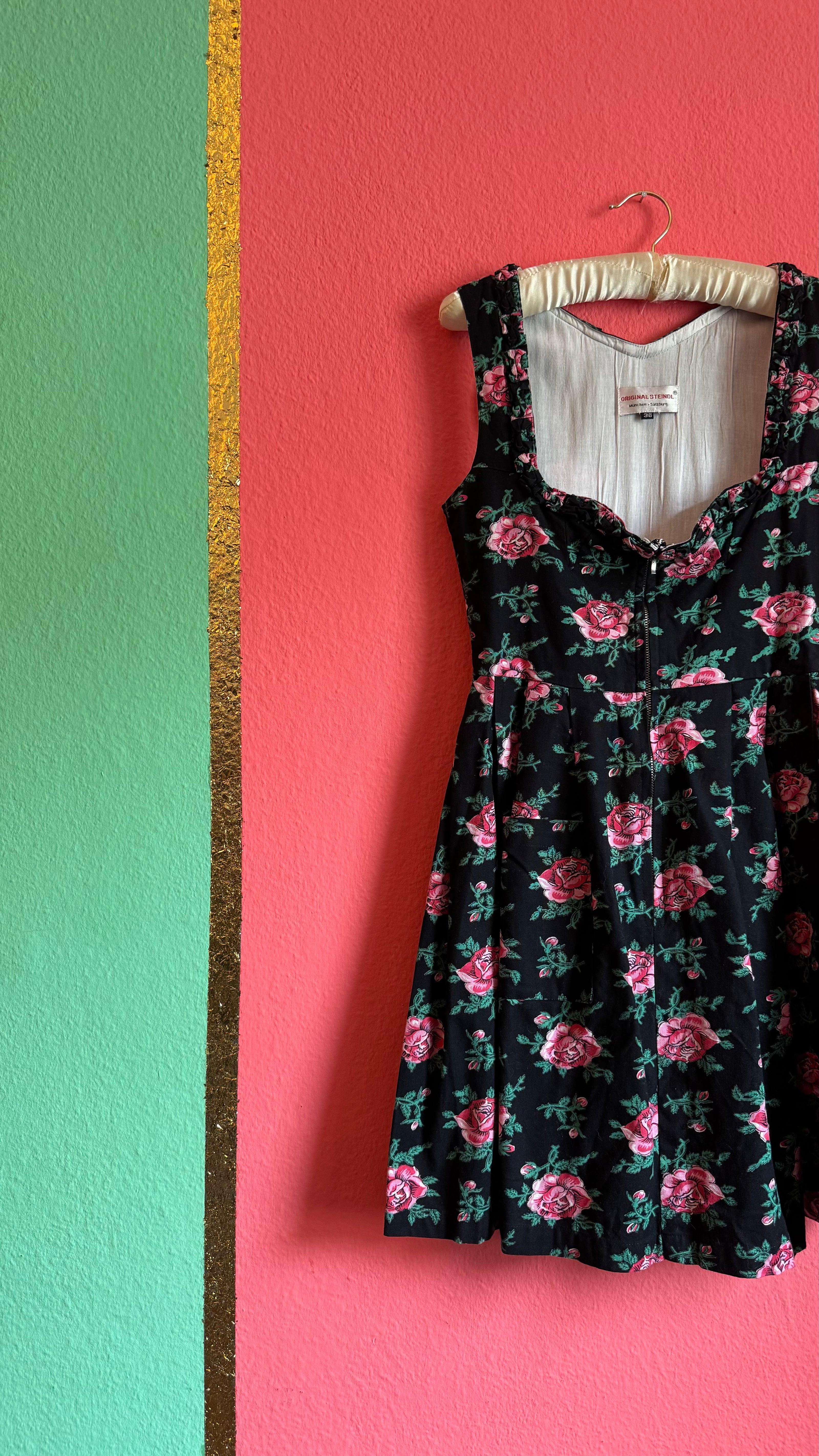 Vintage 1980s Black Rose Print Tracht Dress by Original Steindl