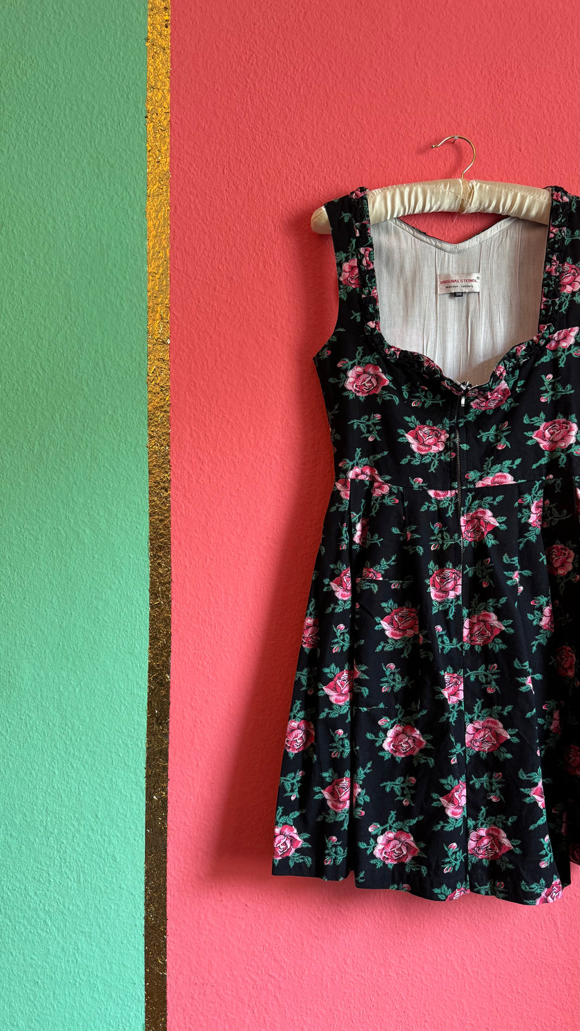 Vintage 1980s Black Rose Print Tracht Dress by Original Steindl