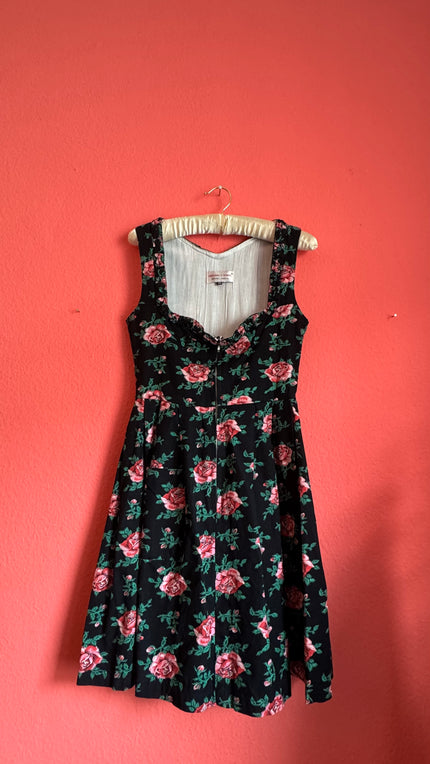 Vintage 1980s Black Rose Print Tracht Dress by Original Steindl