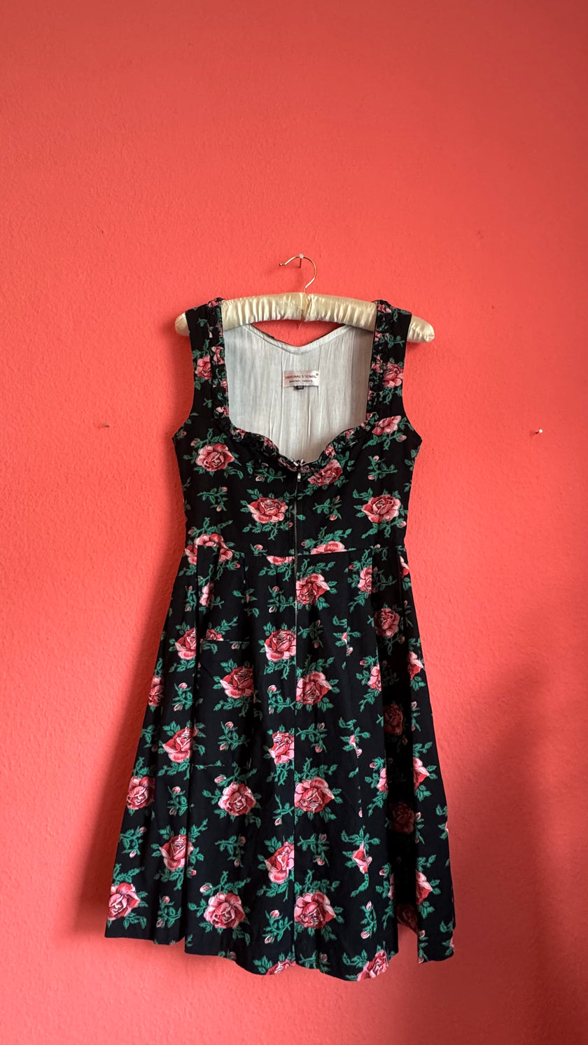 Vintage 1980s Black Rose Print Tracht Dress by Original Steindl
