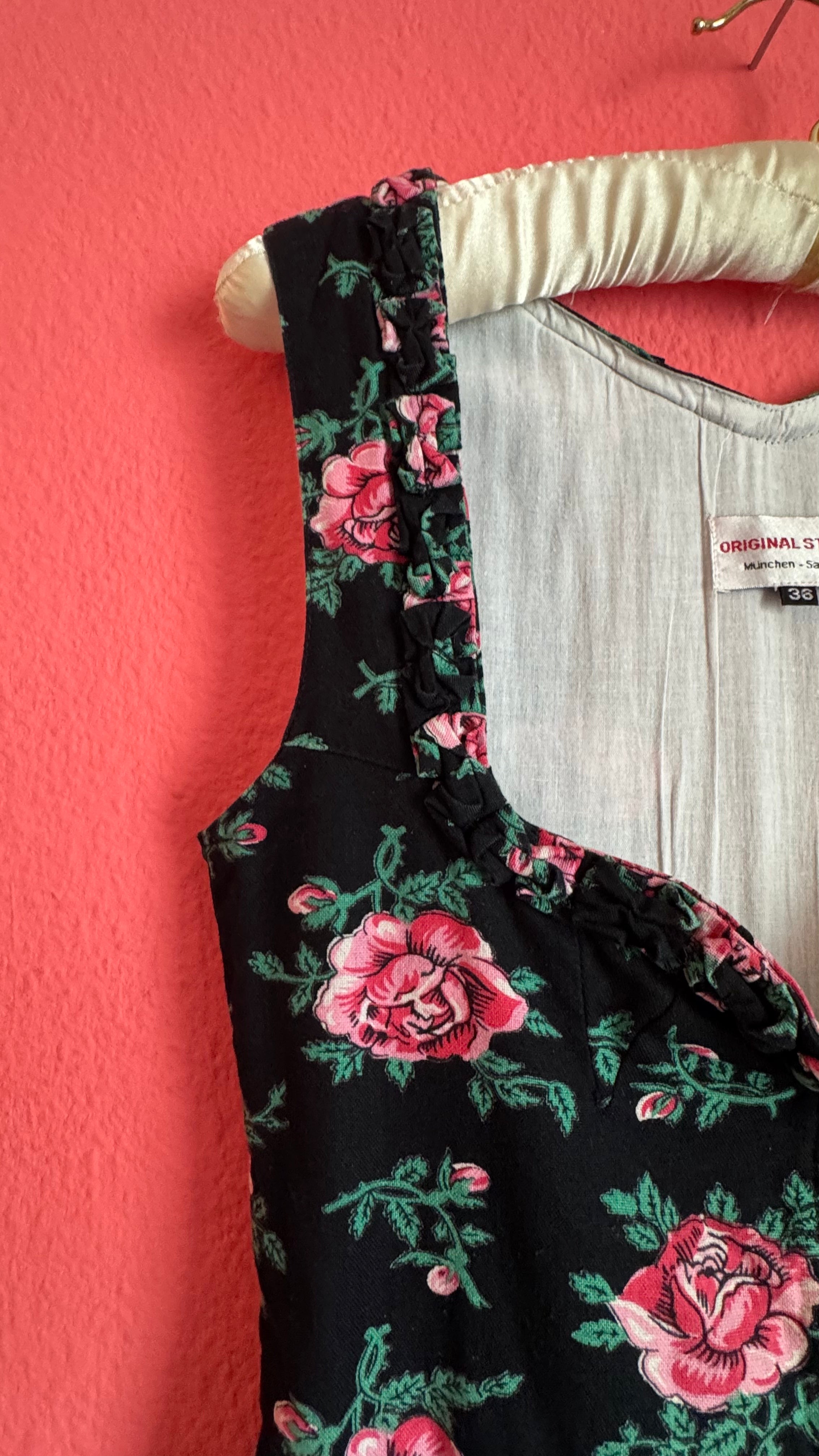 Vintage 1980s Black Rose Print Tracht Dress by Original Steindl