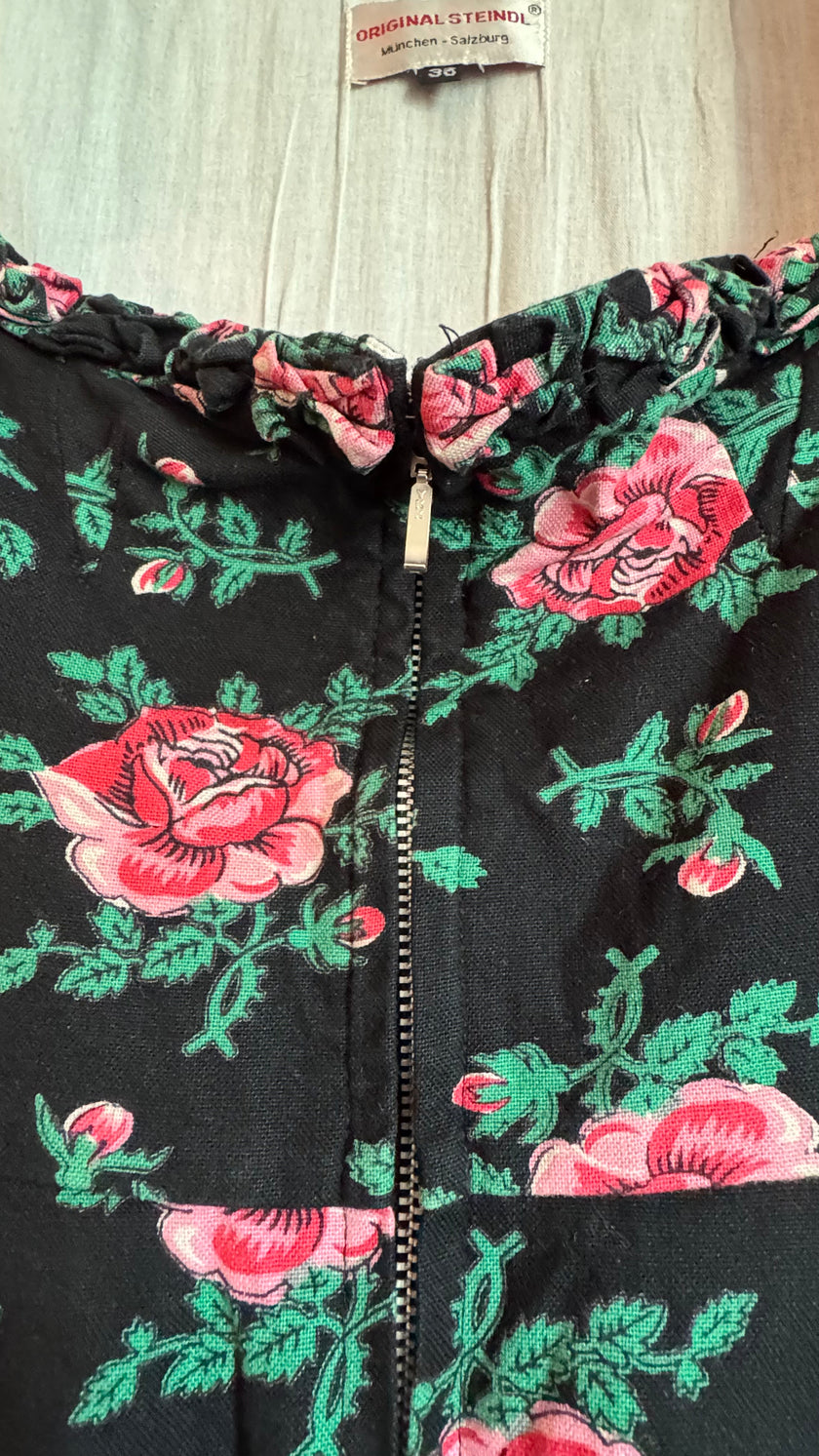 Vintage 1980s Black Rose Print Tracht Dress by Original Steindl
