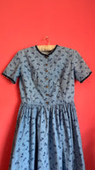 Vintage 1970s Blue Floral Tracht Midi Dress