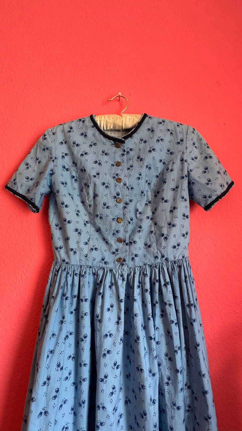 Vintage 1970s Blue Floral Tracht Midi Dress
