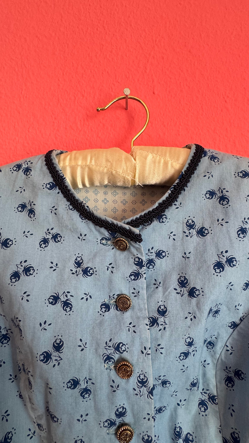 Vintage 1970s Blue Floral Tracht Midi Dress