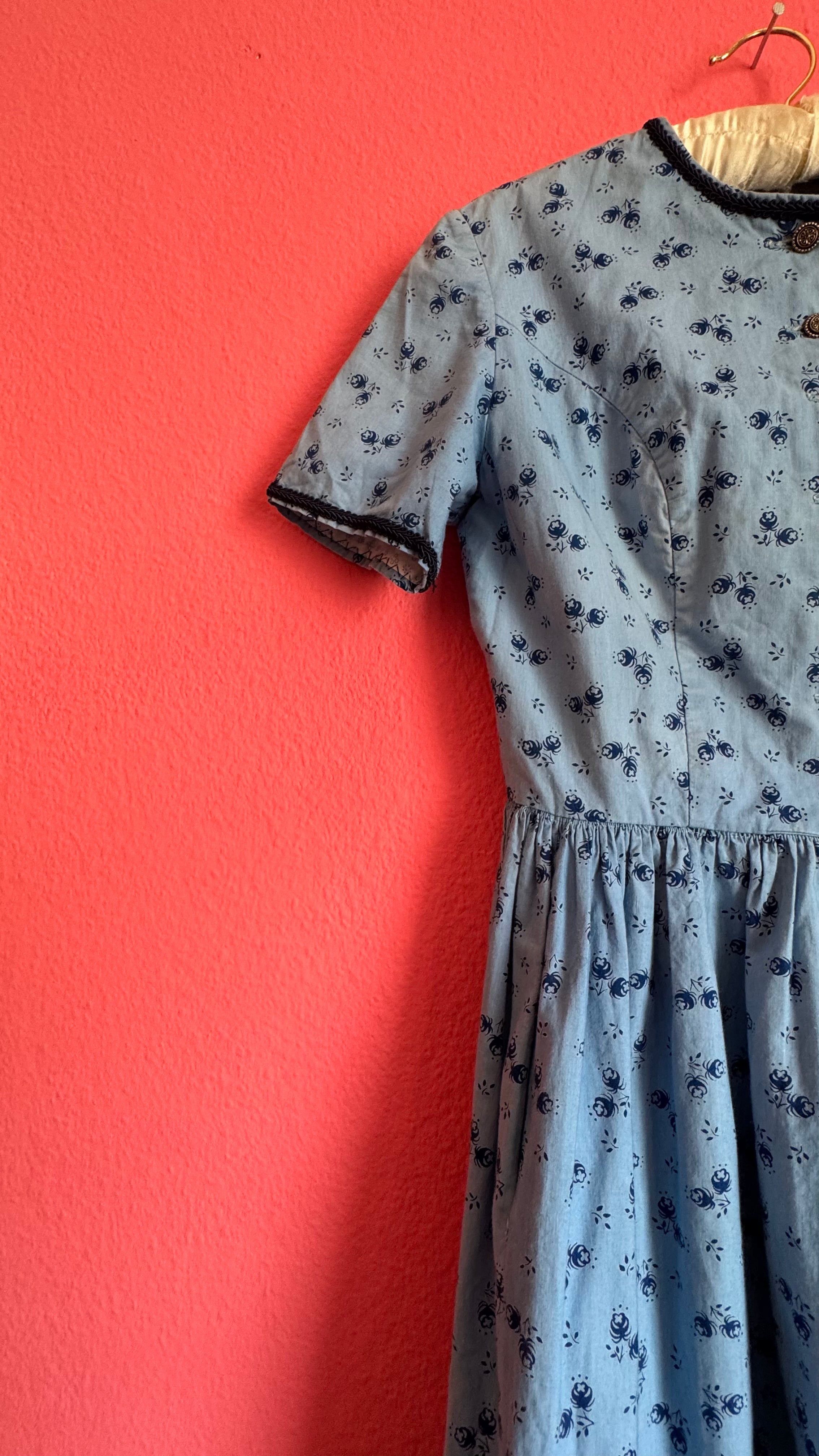 Vintage 1970s Blue Floral Tracht Midi Dress