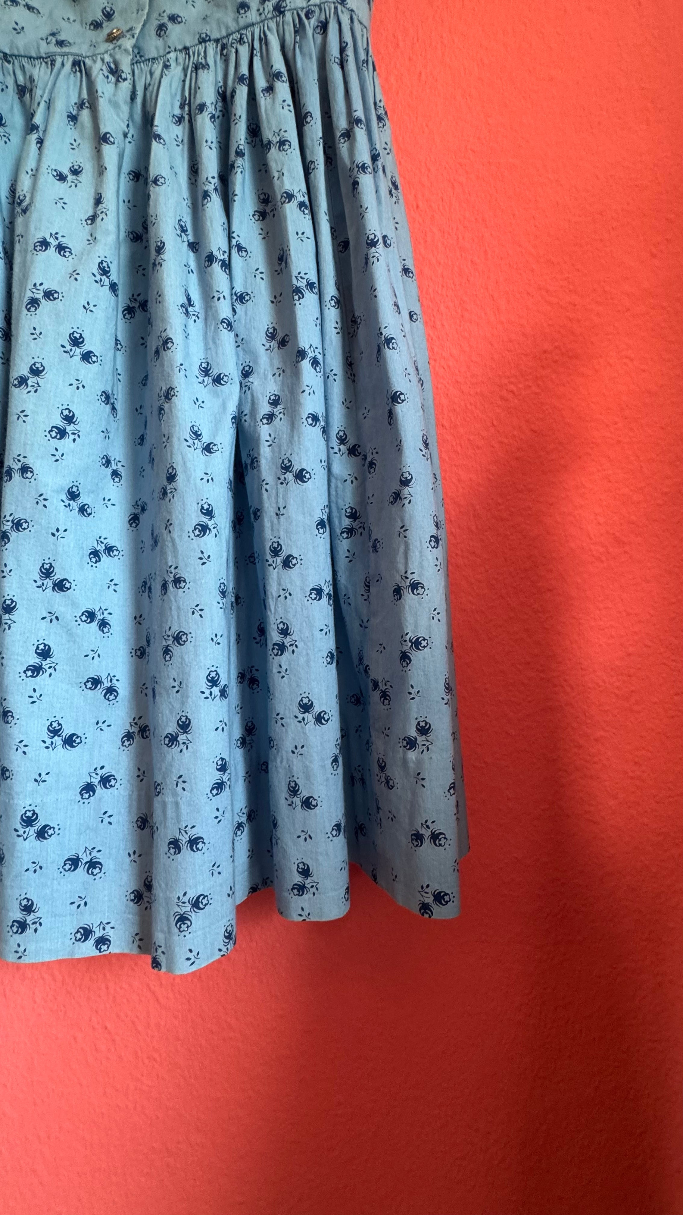 Vintage 1970s Blue Floral Tracht Midi Dress