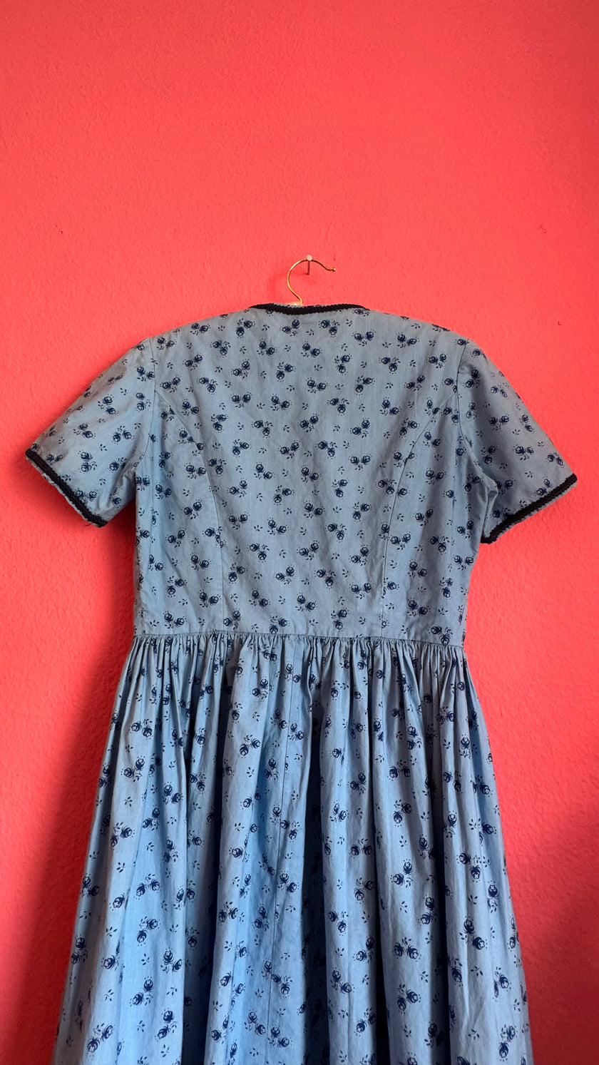 Vintage 1970s Blue Floral Tracht Midi Dress