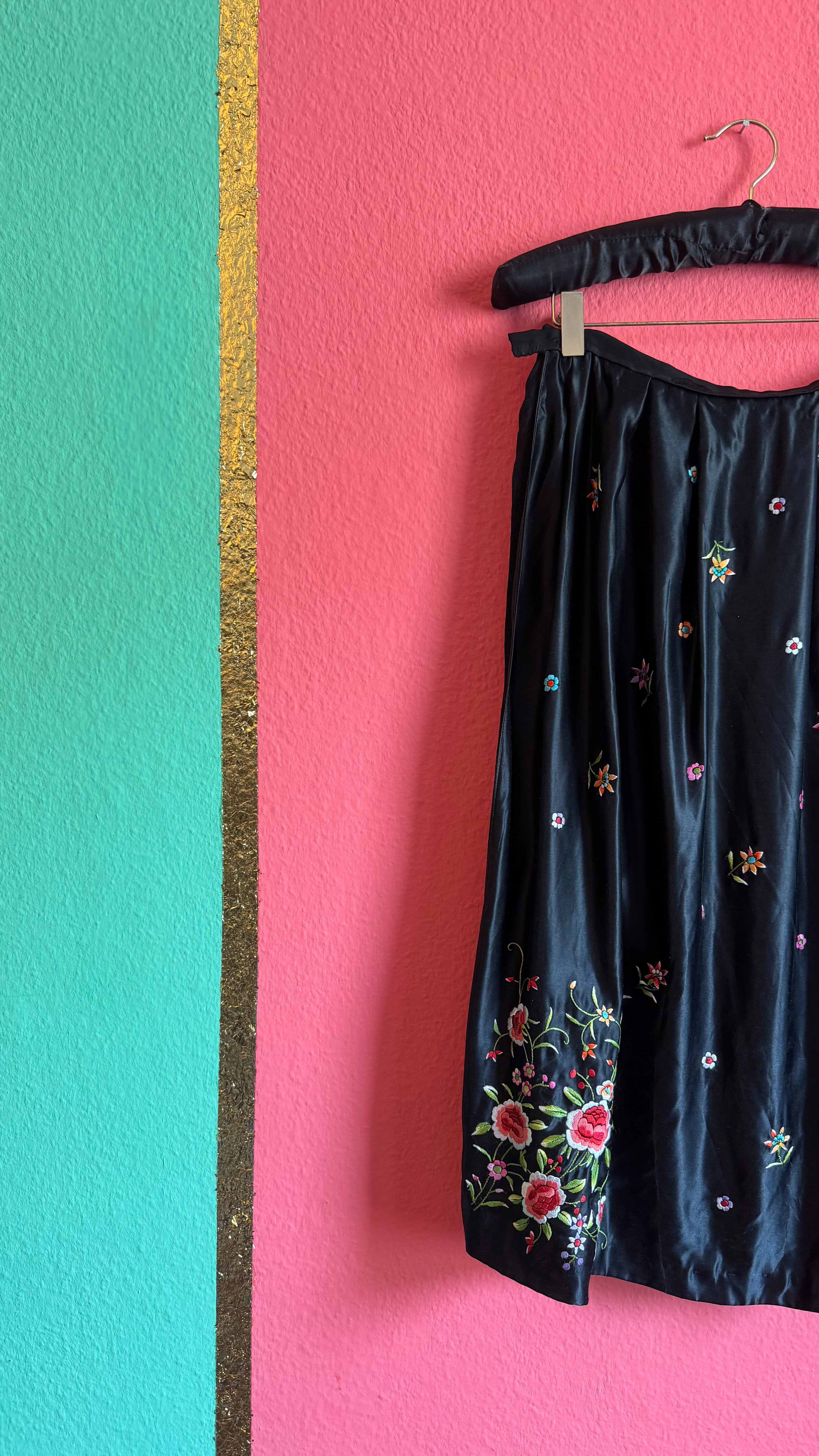 Vintage 1960s Black Embroidered Satin Tracht Apron Skirt