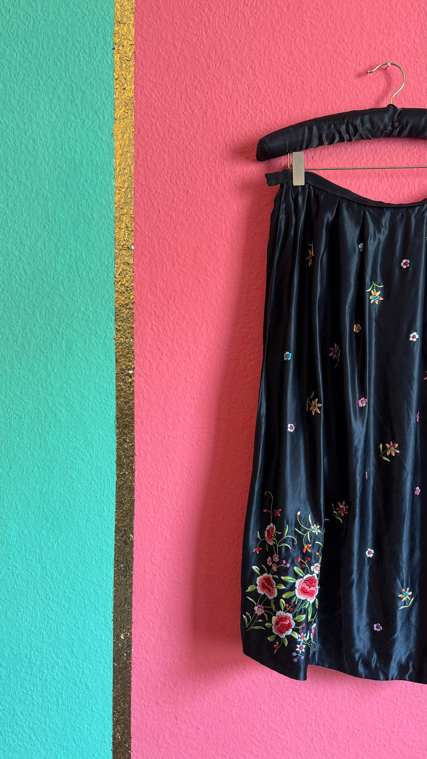 Vintage 1960s Black Embroidered Satin Tracht Apron Skirt