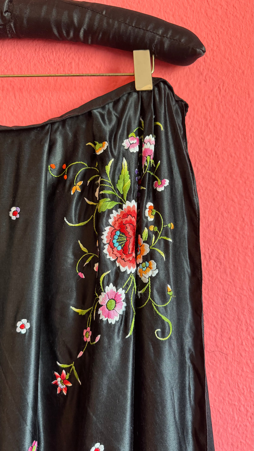 Vintage 1960s Black Embroidered Satin Tracht Apron Skirt