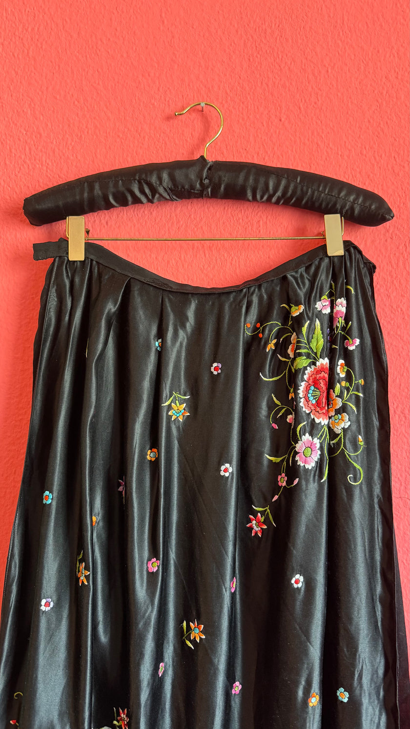 Vintage 1960s Black Embroidered Satin Tracht Apron Skirt