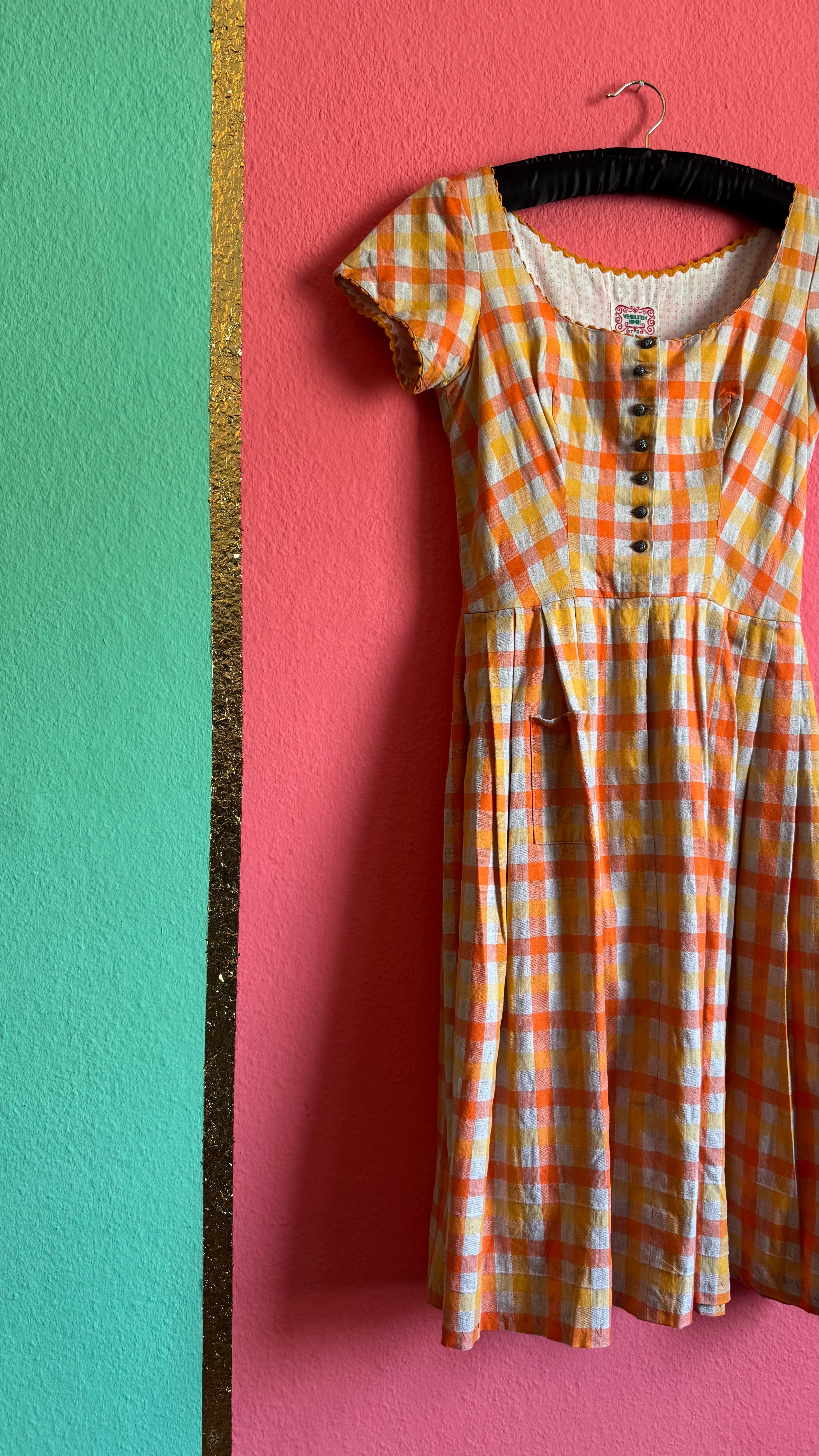 Vintage 1970s Orange Gingham Tracht Dress by Wendelstein Dirndl