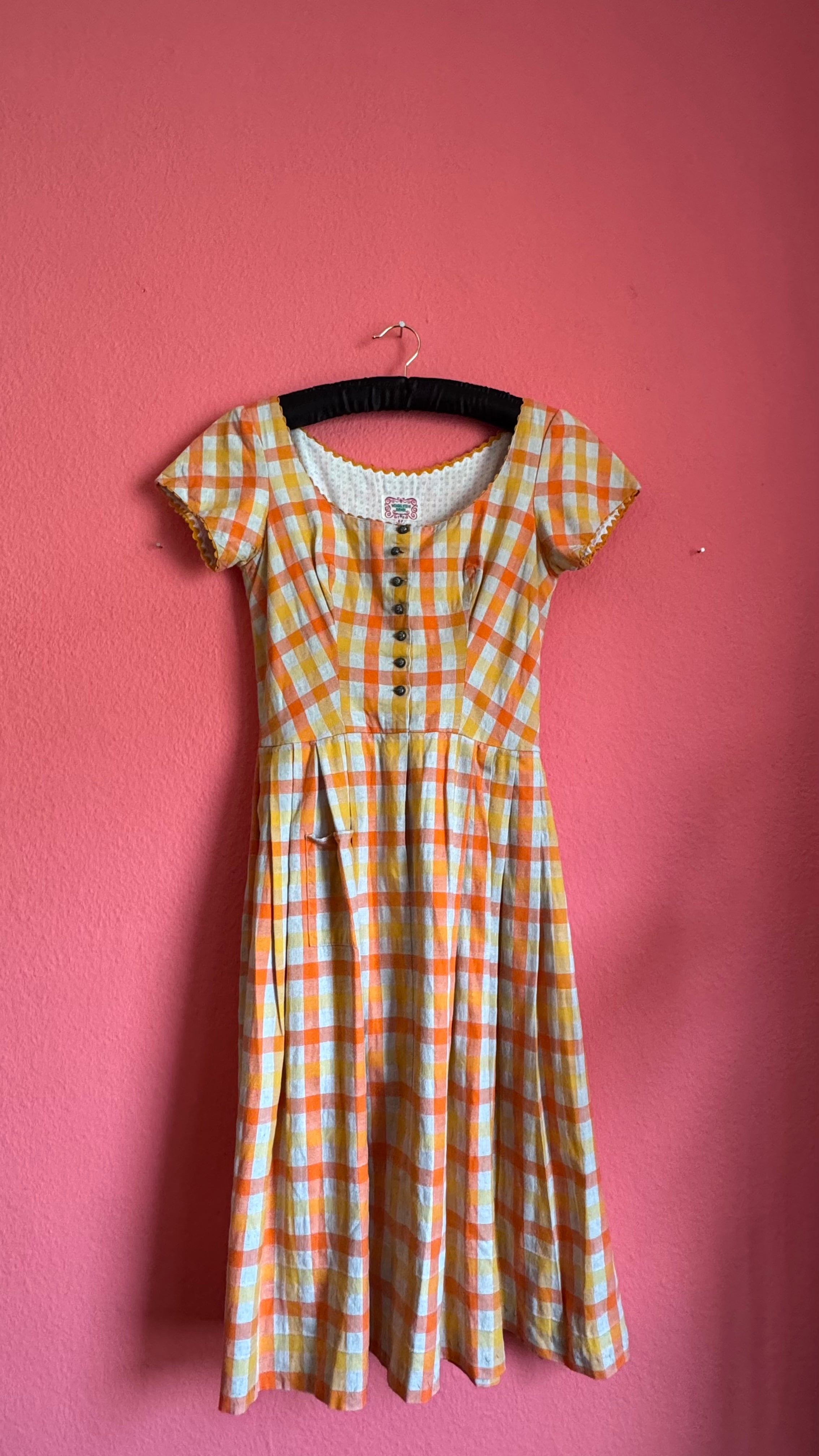 Vintage 1970s Orange Gingham Tracht Dress by Wendelstein Dirndl