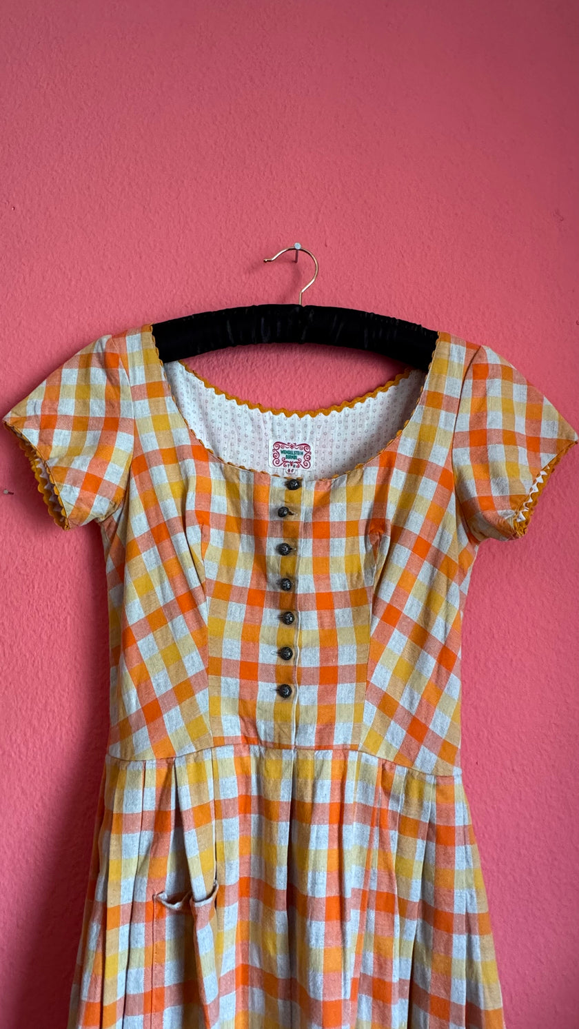 Vintage 1970s Orange Gingham Tracht Dress by Wendelstein Dirndl