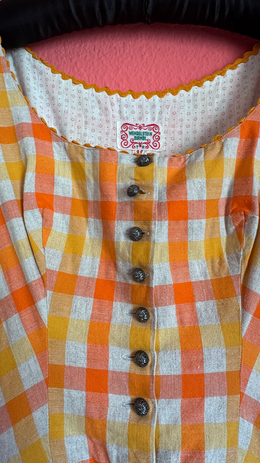 Vintage 1970s Orange Gingham Tracht Dress by Wendelstein Dirndl