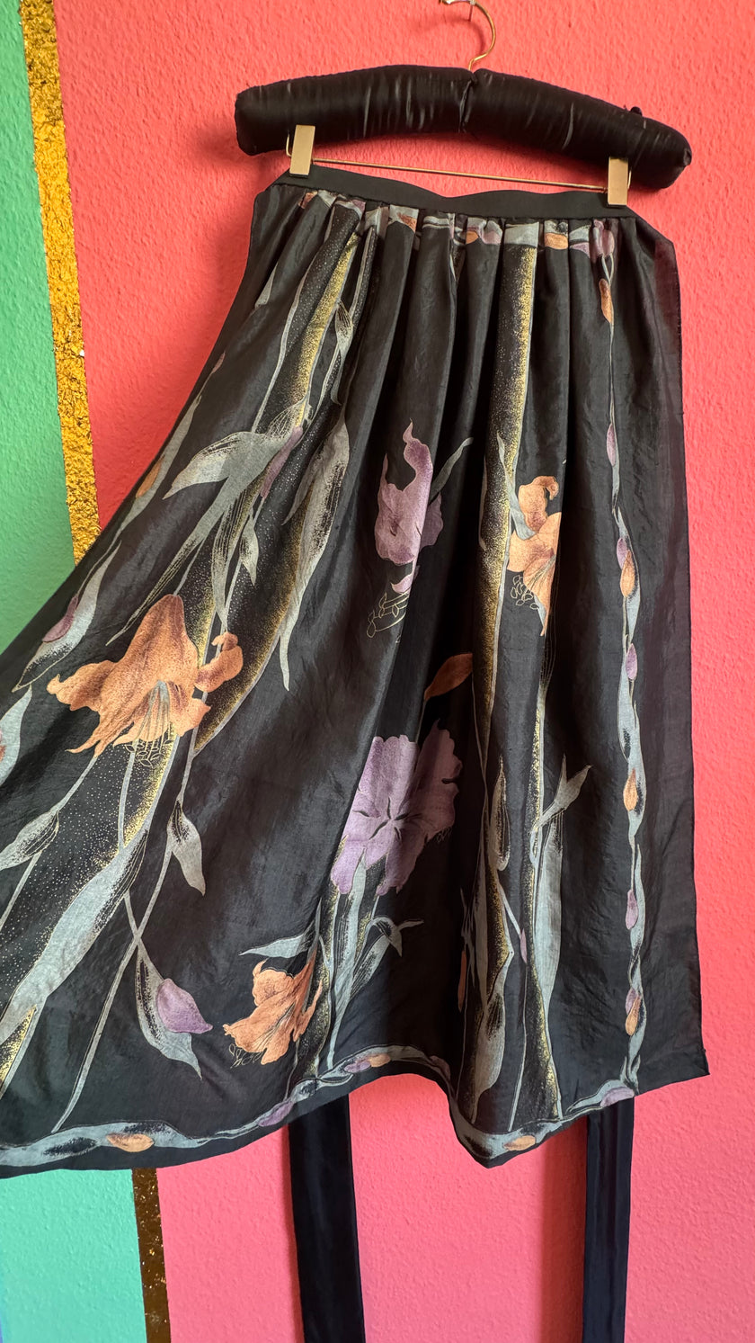 Vintage 1980s Black Floral Wrap Overskirt