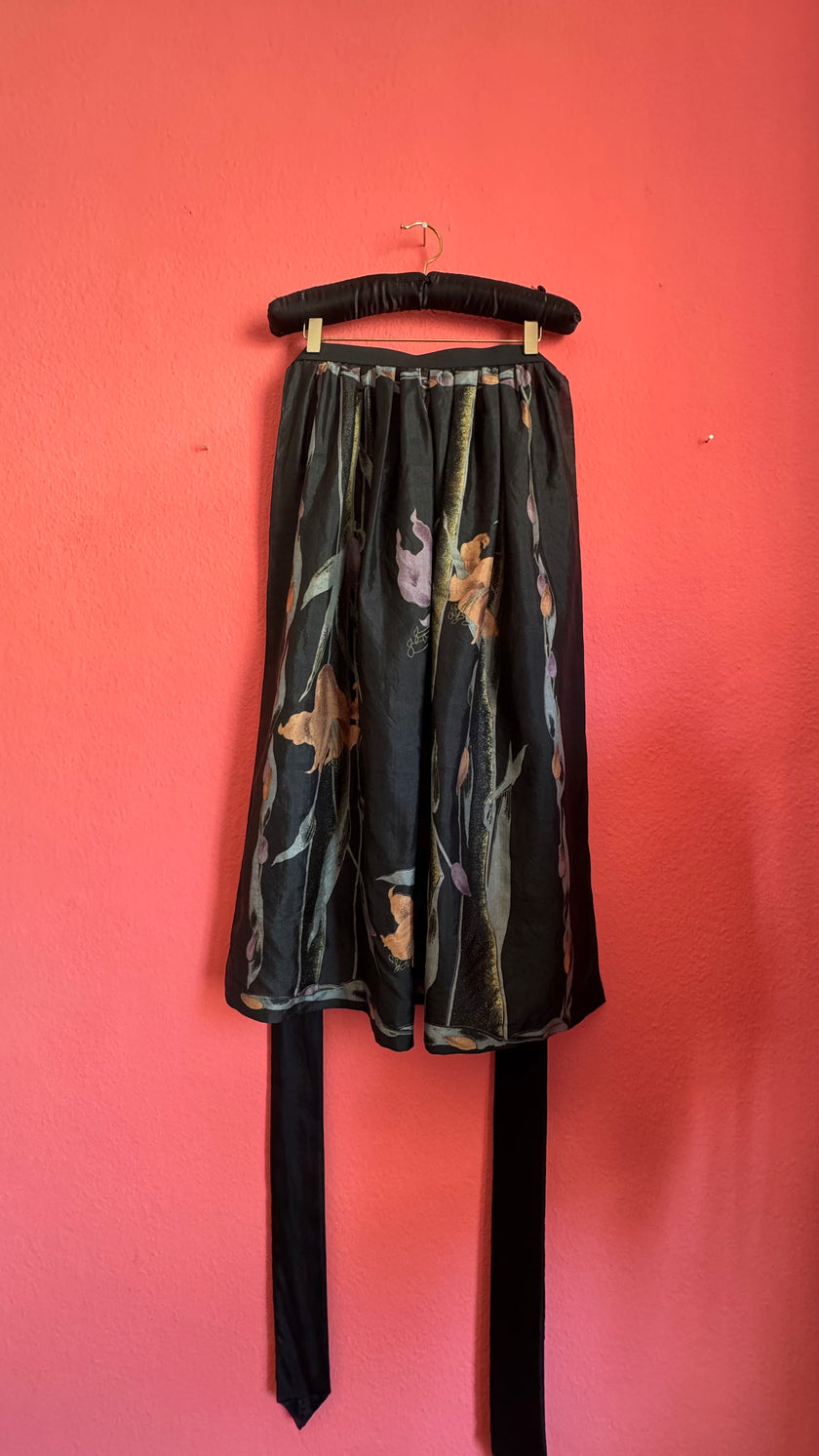 Vintage 1980s Black Floral Wrap Overskirt