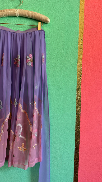 Vintage 1970s Lilac Embroidered Sheer Wrap Apron