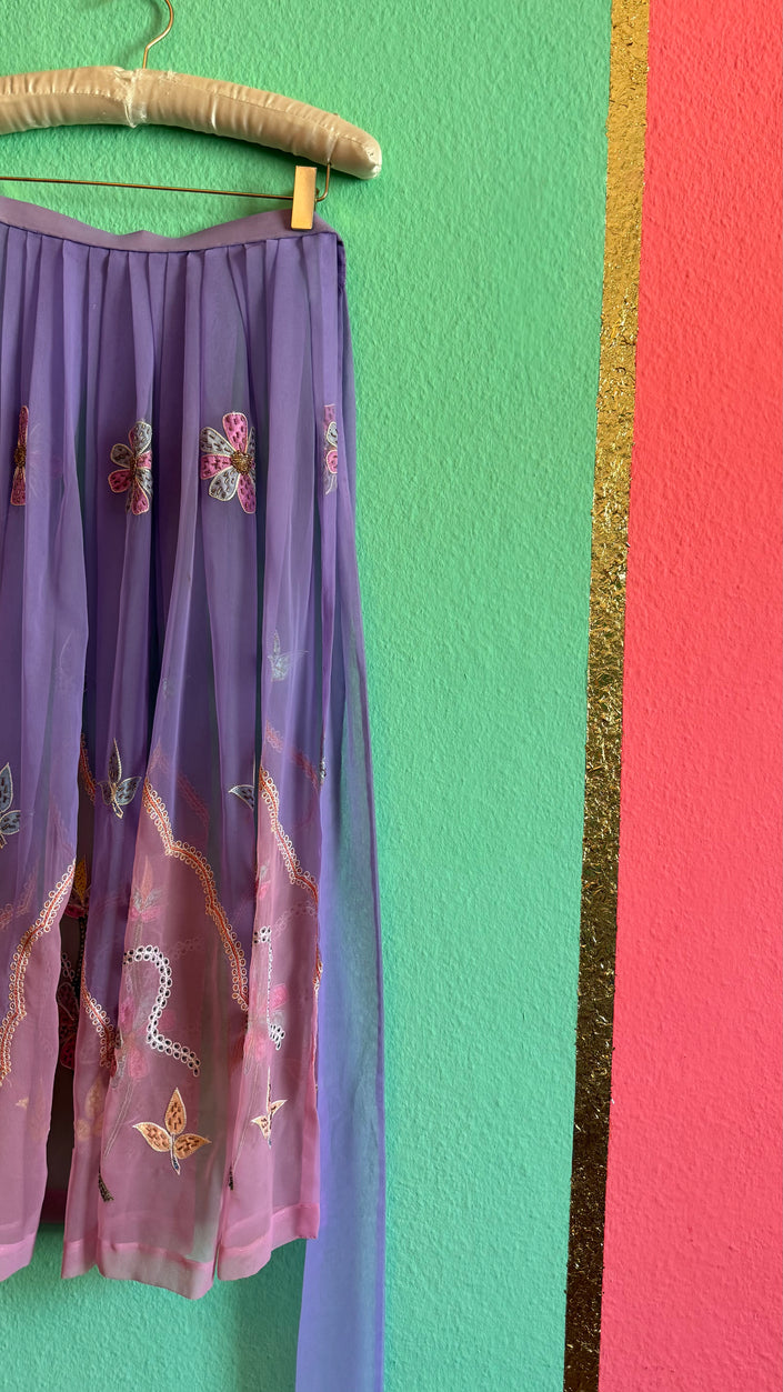Vintage 1970s Lilac Embroidered Sheer Wrap Apron