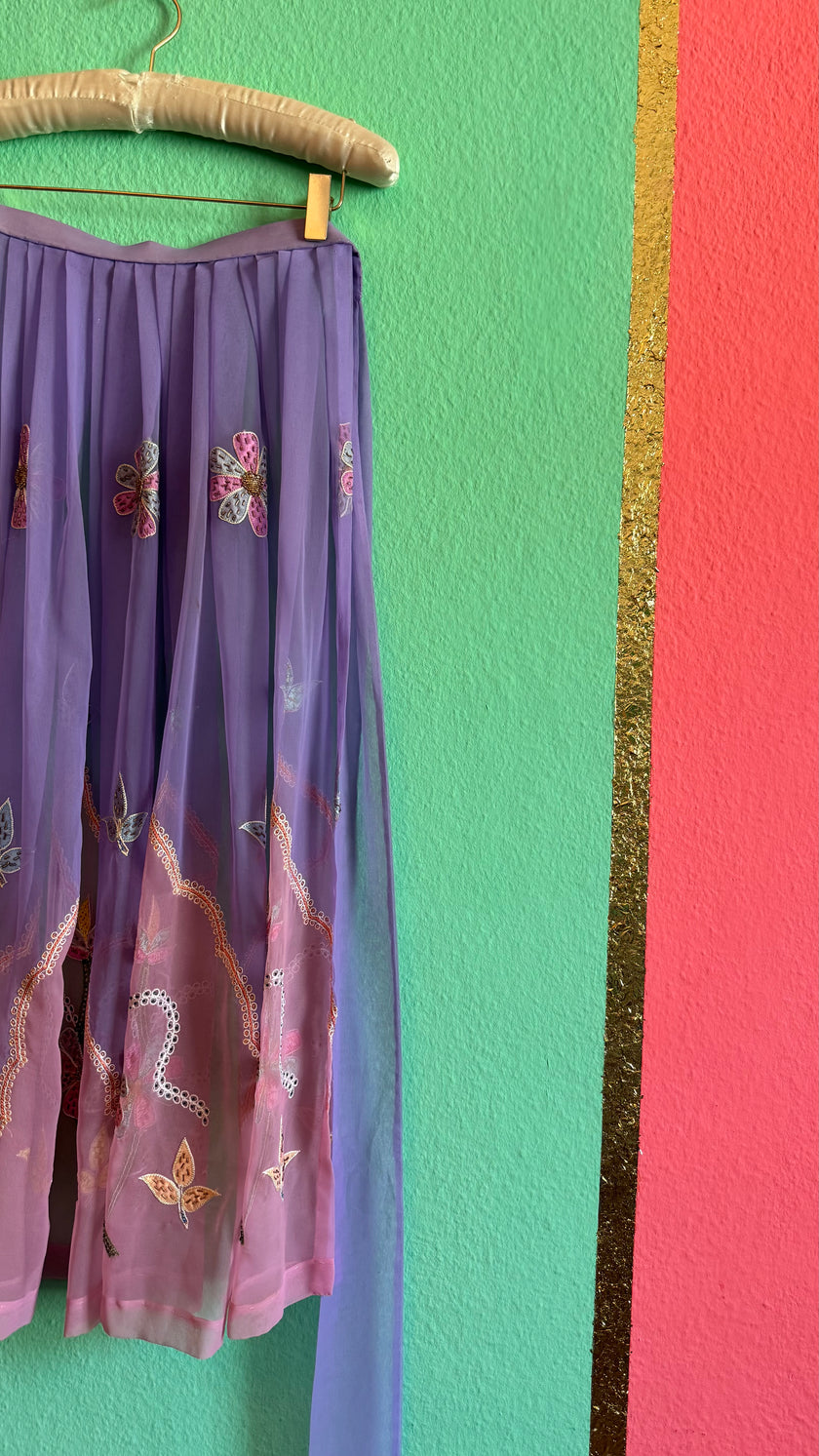 Vintage 1970s Lilac Embroidered Sheer Wrap Apron