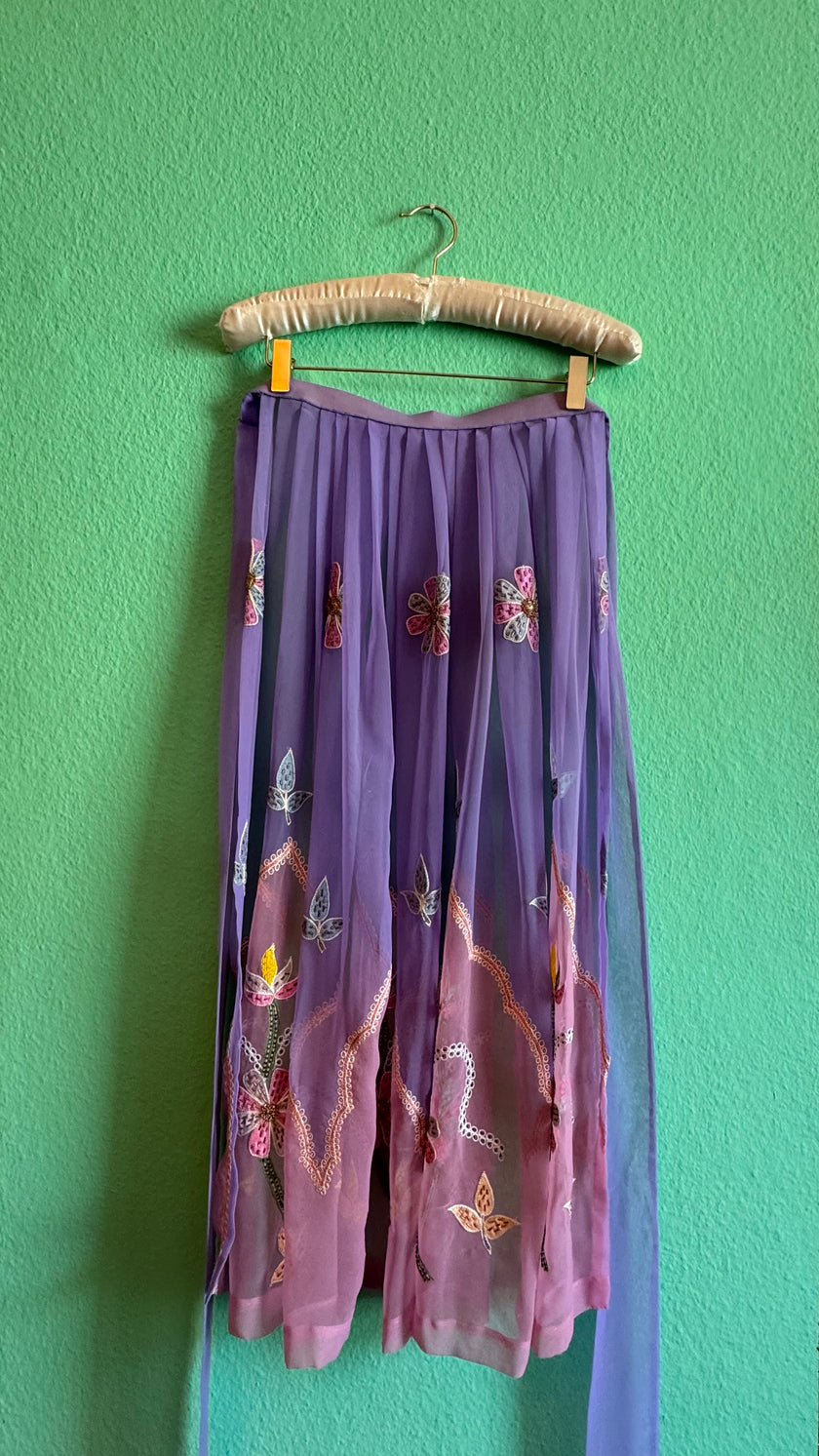 Vintage 1970s Lilac Embroidered Sheer Wrap Apron