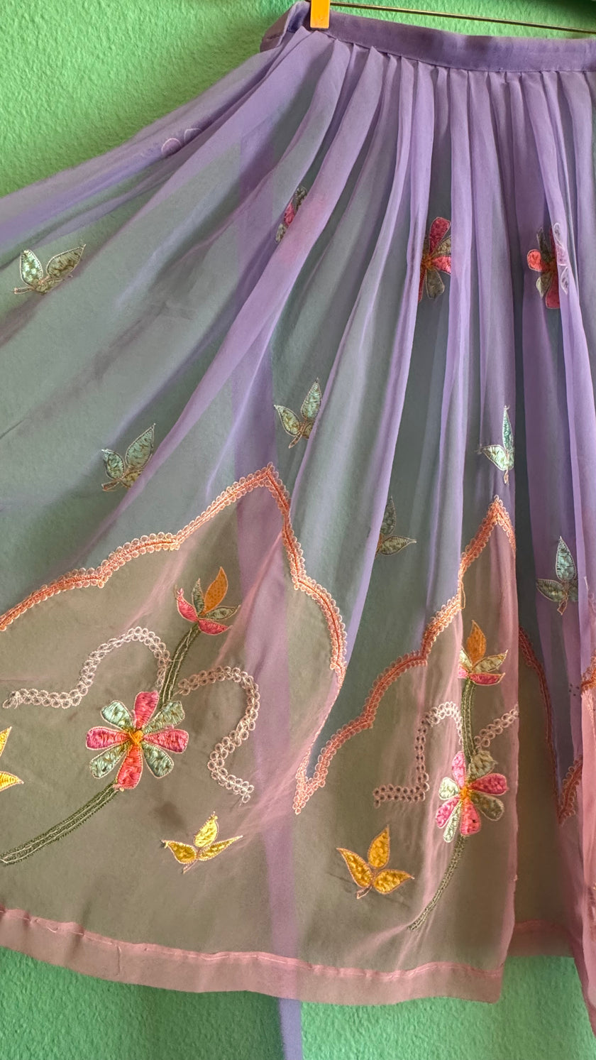 Vintage 1970s Lilac Embroidered Sheer Wrap Apron