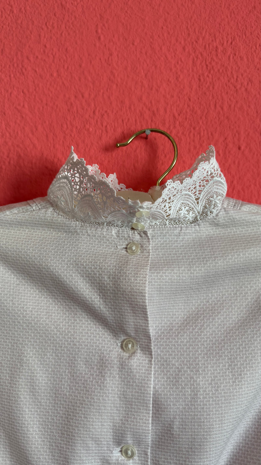 Vintage 1980s Ivory Lace High-Neck Tracht Blouse