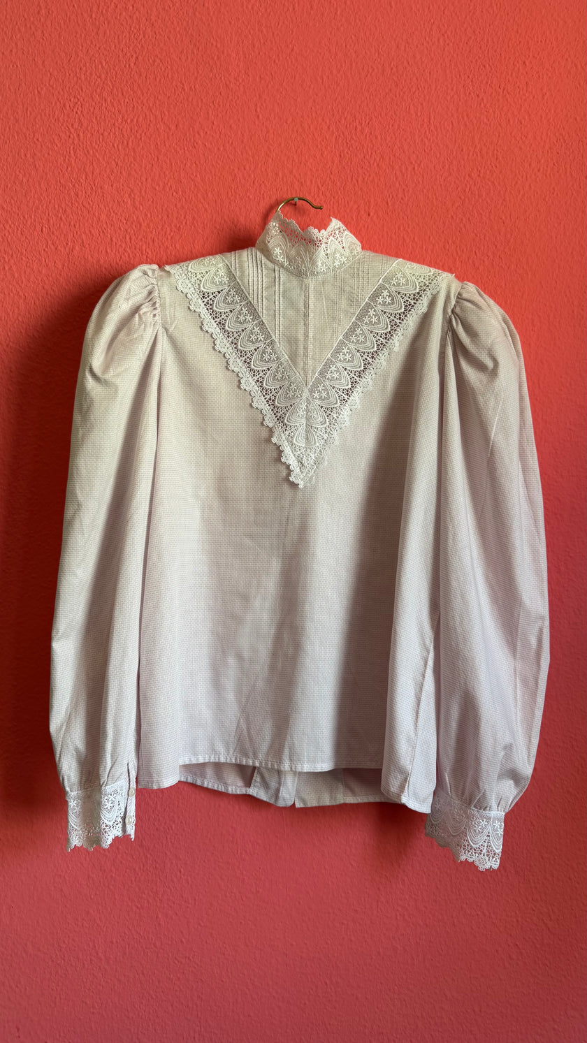 Vintage 1980s Ivory Lace High-Neck Tracht Blouse