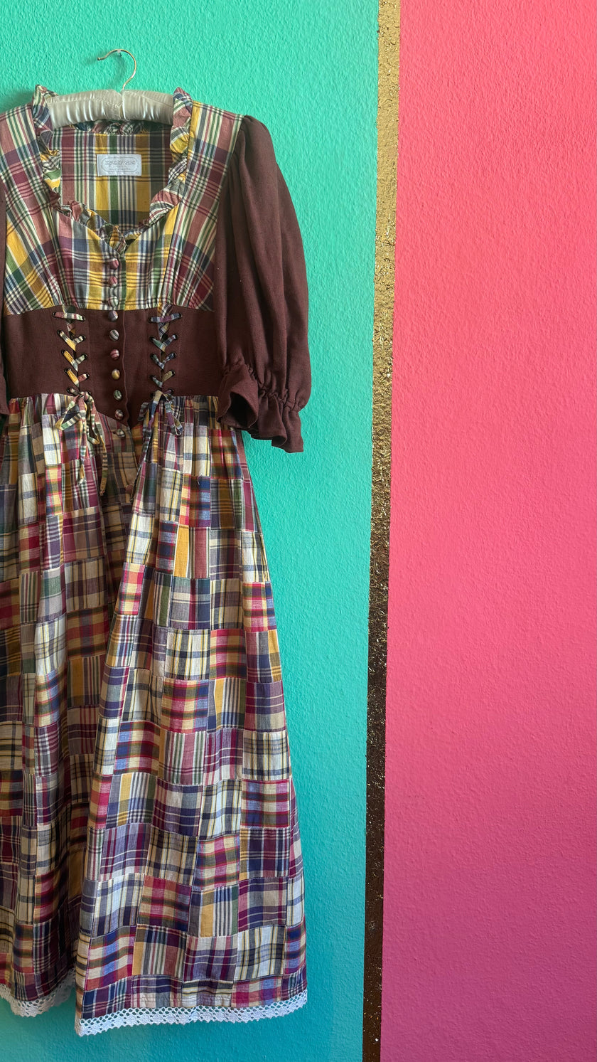 Vintage 1980s Patchwork Plaid Tracht Dirndl Dress