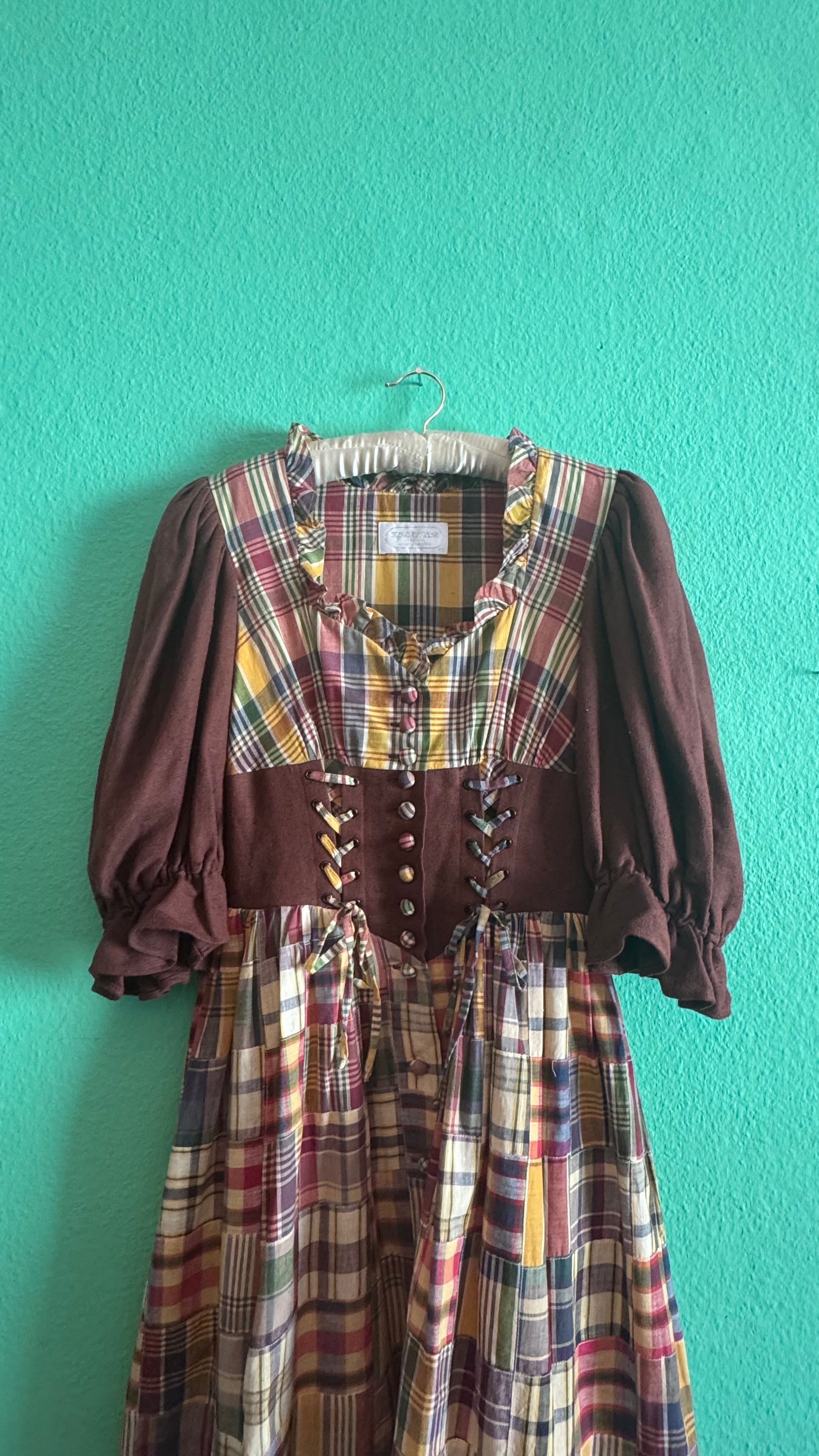 Vintage 1980s Patchwork Plaid Tracht Dirndl Dress