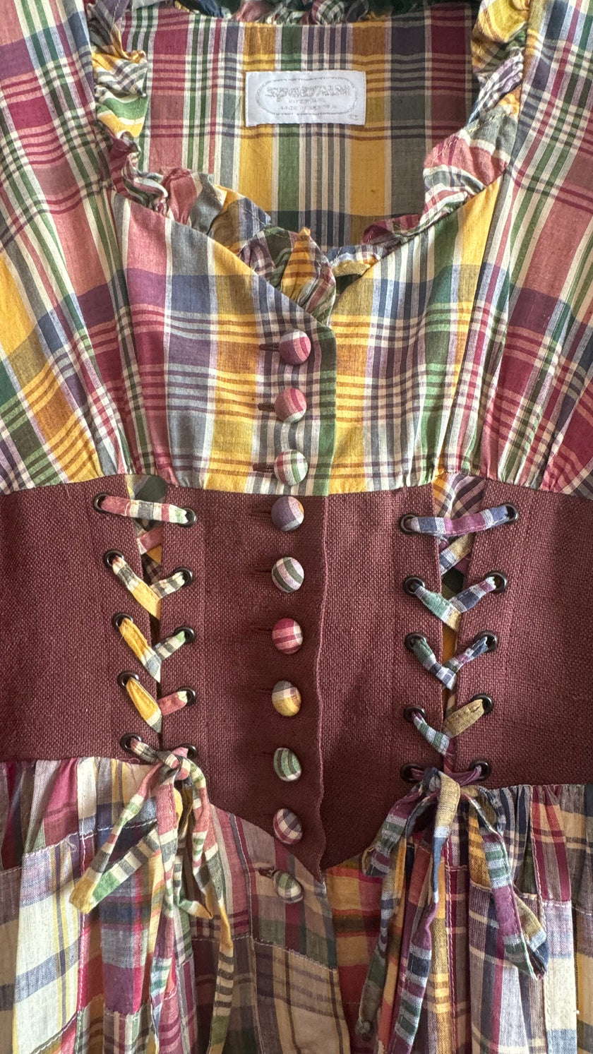 Vintage 1980s Patchwork Plaid Tracht Dirndl Dress