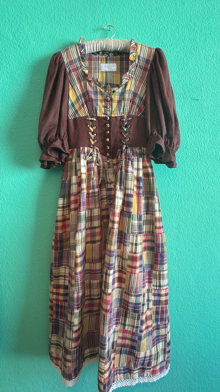 Vintage 1980s Patchwork Plaid Tracht Dirndl Dress