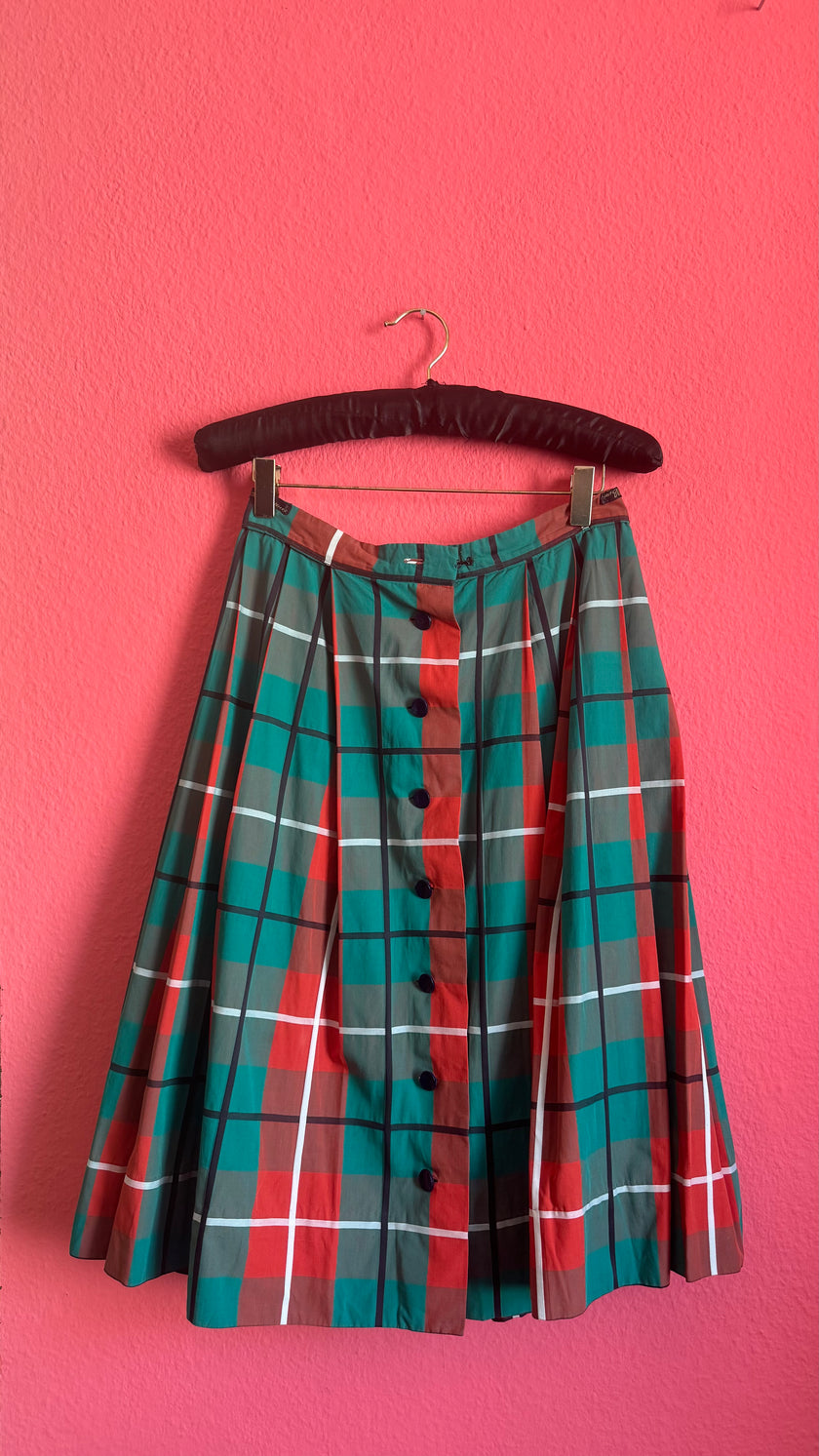 Vintage 1950s-Style Green and Red Plaid Pleated Skirt