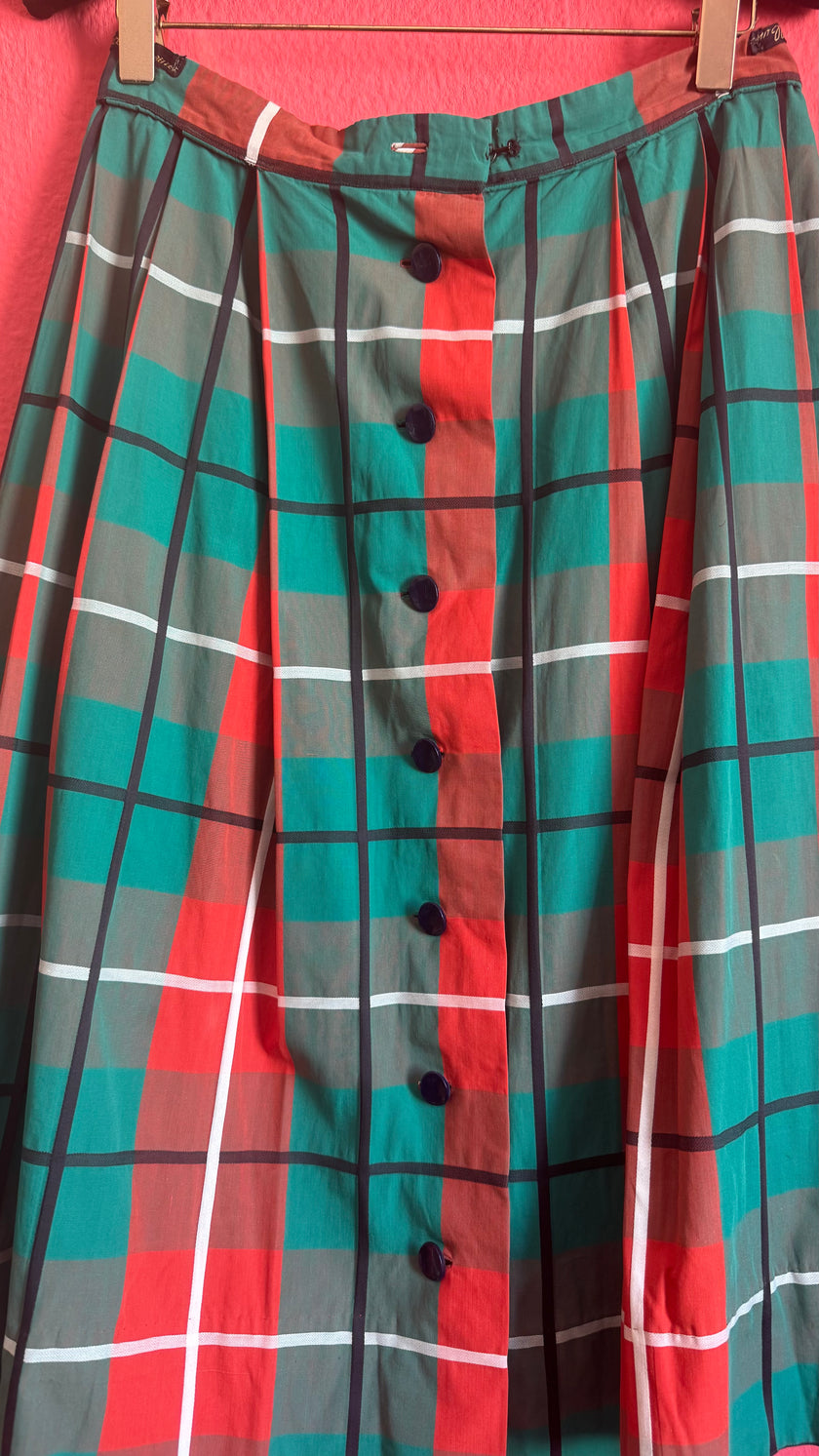 Vintage 1950s-Style Green and Red Plaid Pleated Skirt
