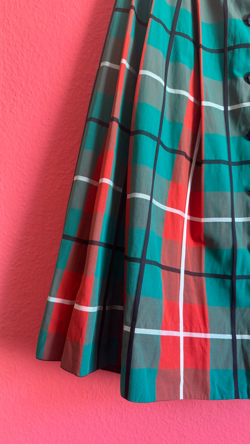 Vintage 1950s-Style Green and Red Plaid Pleated Skirt