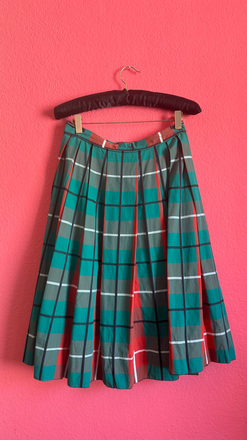 Vintage 1950s-Style Green and Red Plaid Pleated Skirt