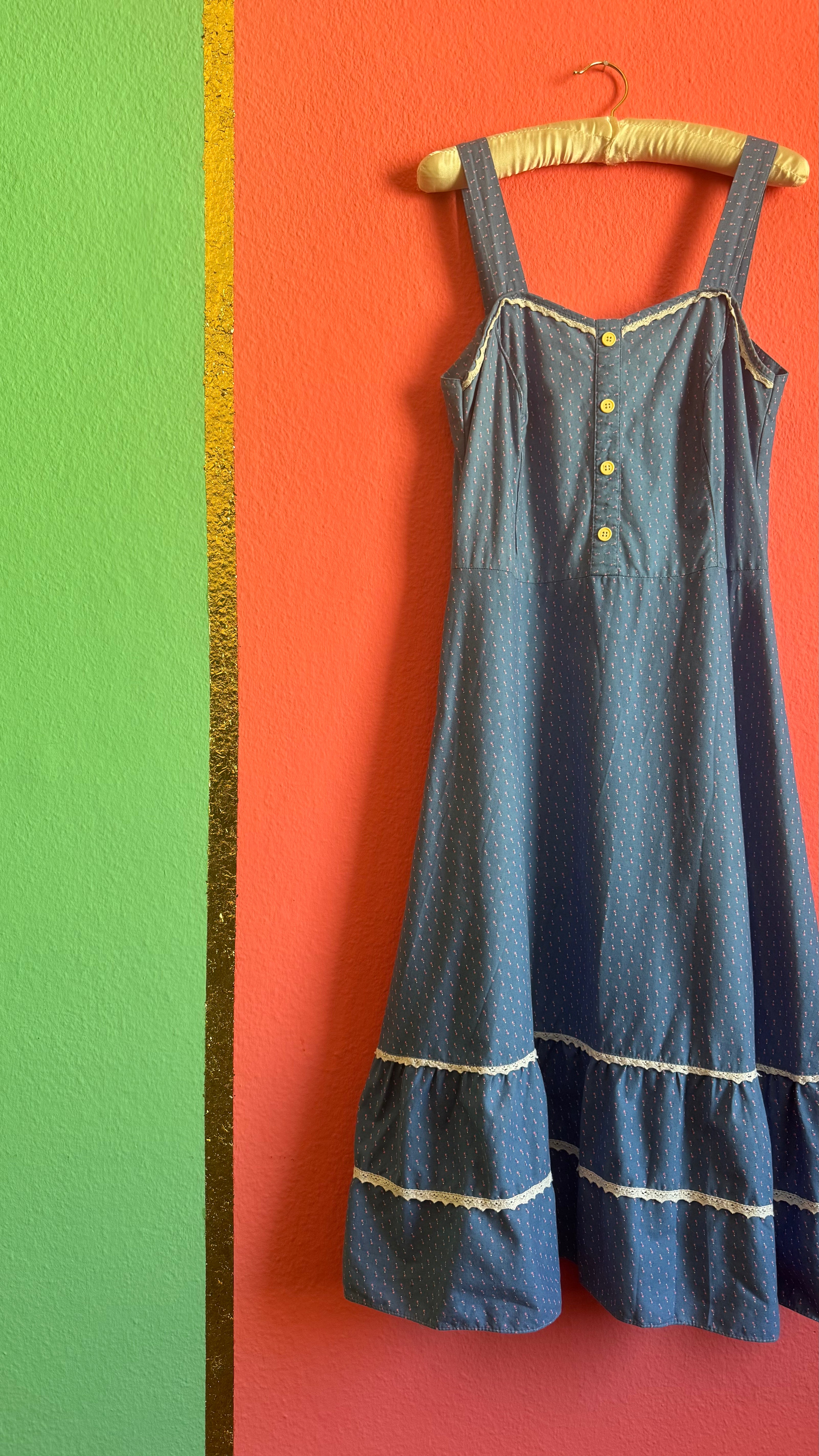 Vintage 1970s Blue Floral Prairie Maxi Dress