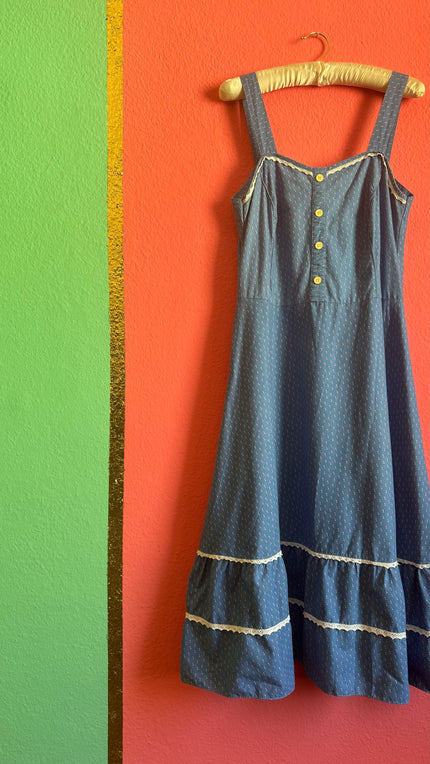 Vintage 1970s Blue Floral Prairie Maxi Dress