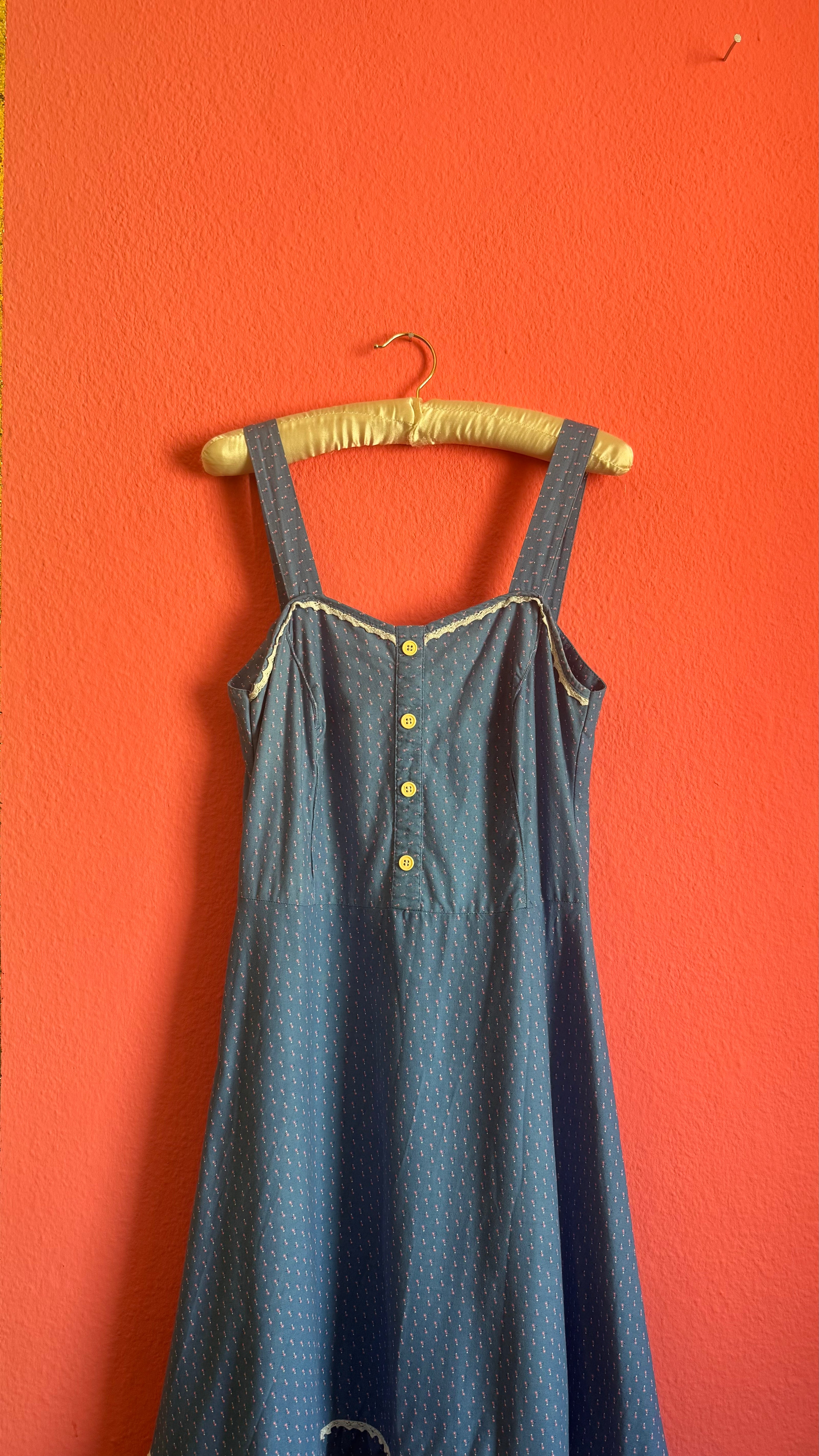 Vintage 1970s Blue Floral Prairie Maxi Dress