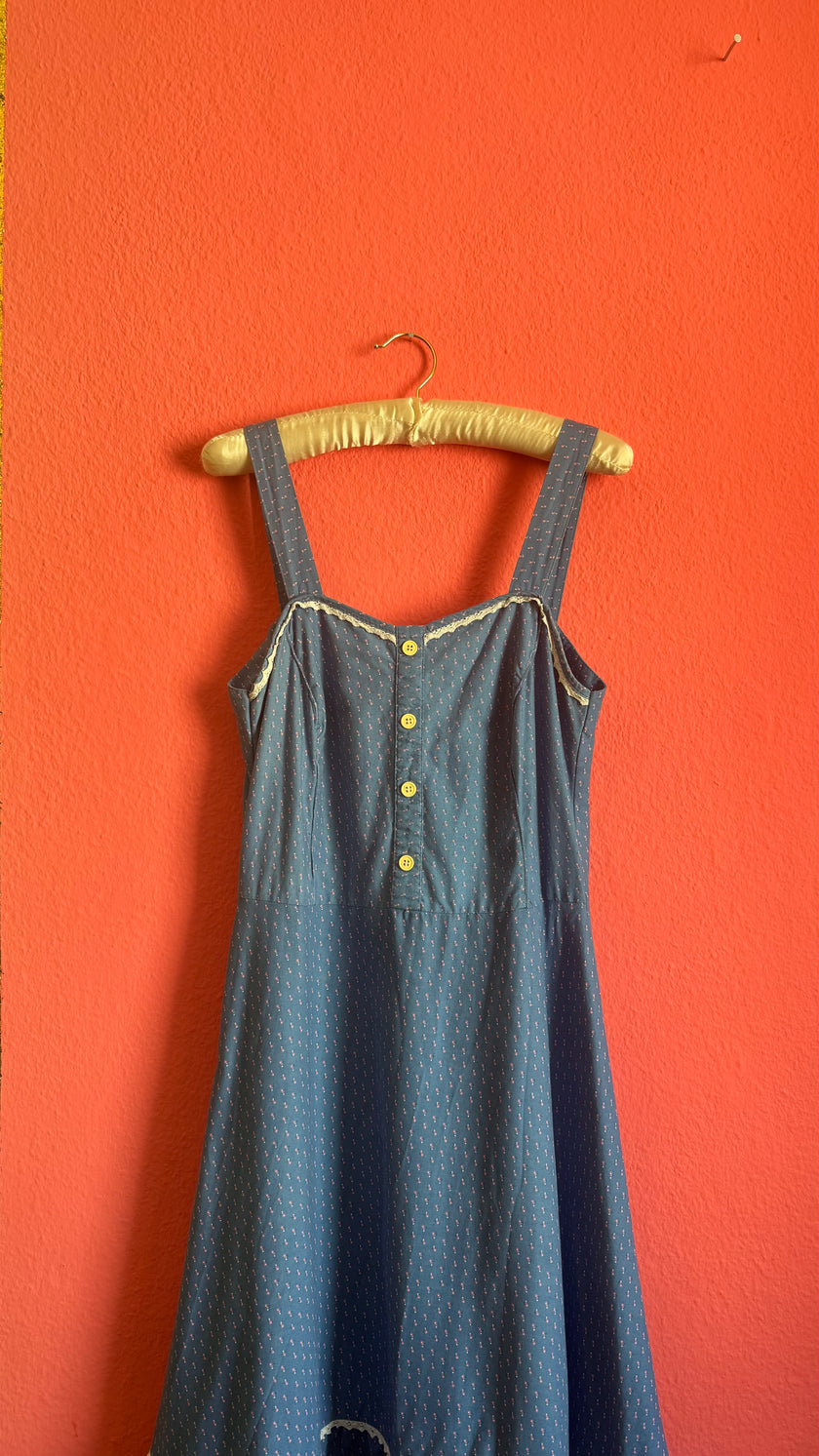 Vintage 1970s Blue Floral Prairie Maxi Dress
