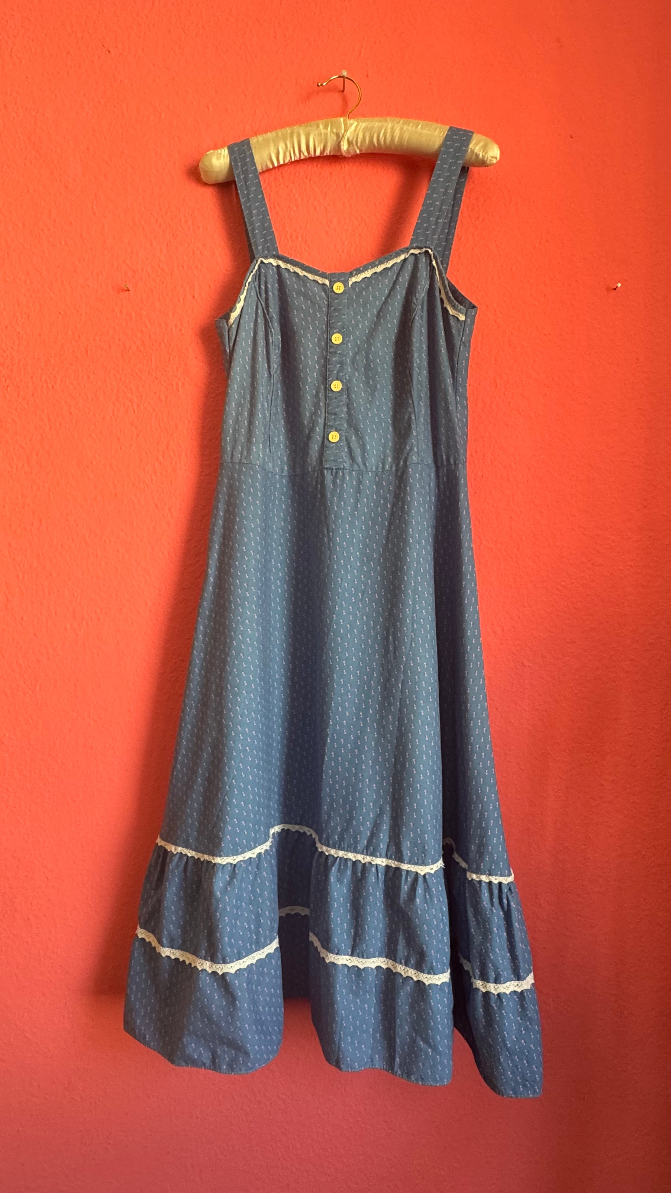 Vintage 1970s Blue Floral Prairie Maxi Dress