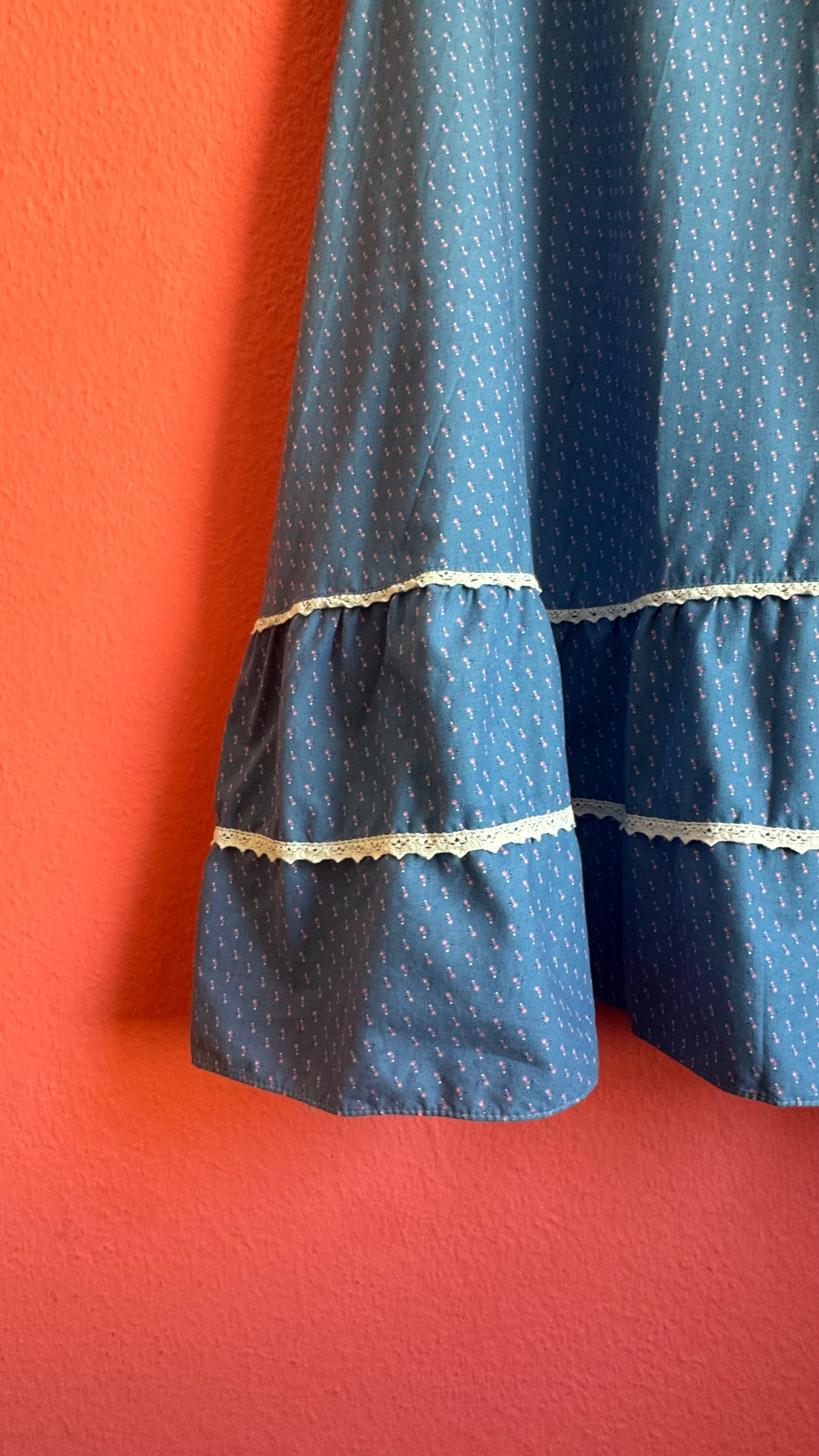 Vintage 1970s Blue Floral Prairie Maxi Dress