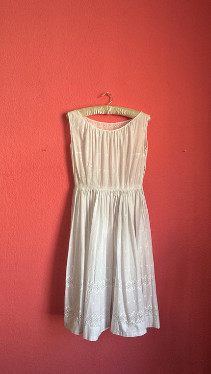 Vintage 1950s White Cotton Eyelet Day Dress